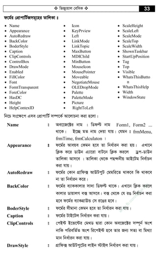  wfRy¨qvj †ewmK  33
d‡g©i †cÖvcvwU©Rmg~‡ni ZvwjKv t
 Name
 Appearance
 AutoRedraw
 BackColor
 BoderStyle
 Caption
 ClipControls
 ControlBox
 DrawMode
 Enabled
 FillColor
 Font
 ForntTransparent
 ForeColor
 HasDC
 Height
 HelpContexID
 Icon
 KeyPrview
 Left
 LinkMode
 LinkTopic
 MaxButton
 MDIChild
 MinButton
 MouseIcon
 MousePointer
 Moveable
 NegotiateMouse
 OLEDropMode
 Palette
 PaletteMode
 Picture
 RightToLeft
 ScaleHeight
 ScaleLeft
 ScaleMode
 ScaleTop
 ScaleWidth
 ShownTaskbar
 StartUpPosition
 Tag
 Top
 Visible
 WhatsThisButto
n
 WhatsThisHelp
 Width
 WindowState
wb‡P ms‡¶‡c Gme †cÖvcvwU© m¤ú‡K© Av‡jvPbv Kiv n‡jv|
Name t Ae‡‡R‡±i bvg | wWdë bvg Form1, Form2 ...
_v‡K| B‡”Q gZ bvg †`qv hvq| †hgb t frmMenu,
frmTime, frmCalculaton |
Appearance t d‡g©i Aveqe †Kgb n‡e Zv wba©vib Kiv nq| GLv‡b
wK¬K K‡i WvDb G¨v‡iv evU‡b wK¬K Ki‡j Wªc-WvDb
ZvwjKv Avm‡e | ZvwjKv †_‡K cQ›`bxq AvB‡Ug wbe©vPb
Kiv hvq|
AutoRedraw t d‡g©i †Kvb MÖvwd· AvDUcyU †ggwi‡Z _vK‡e wK _vK‡e
bv Zv wba©vib K‡i|
BackColor t d‡g©i e¨vKKvjvi mv`v wWdë _v‡K| GLv‡b wK¬K Ki‡j
Kvjvi WvqvjM e· Avm‡e| e· †_‡K †h iO wbe©vPb Kiv
n‡e d‡g©i e¨vKMÖvDÛ †m i‡Oi n‡e|
BoderStyle t d‡g©i mxgvbv †Kgb n‡e Zv wba©vib Kiv hvq|
Caption t d‡g©i UvB‡Uj wba©vib Kiv hvq|
ClipControls t †cB›U B‡f‡›Ui †g_W Øviv †Kvb Ae‡R‡±i m¤ú~b© Ask
bvwK cwiewZ©Z Ask wi‡cB›U n‡e Zvi Rb¨ mZ¨ ev wg_¨v
gvb wba©vib Kiv hvq|
DrawStyle t MÖvwd· AvDUcy‡Ui jvBb ÷vBj wba©viY Kiv hvq|
w
w
w
.fb.com
/tanbir.cox
 