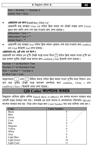  wfRy¨qvj †ewmK  45
Sum = Number 1 + Number 2
txtAdd.Text = Sum
 †cÖvMÖv‡gi 3q Ask (cmdClear_Click ( ))
†cÖvMÖvgwU Pvjy Ae¯’vq Clear All evU‡b wK¬K& Ki‡j me †U·U e‡·i †jLv (Text)
gyQvi Rb¨ A_v©r †jLv bvj n‡q hvIqvi Rb¨ †jLv n‡q‡Q t
txtNumber1.Text = ""
txtNumber2.Text = ""
txtAdd.Text = ""
 †cÖvMÖvgwU Pvjy Ae¯’vq Exit evU‡b wK¬K& Ki‡j †cÖvMÖvg †kl n‡q hvIqvi Rb¨ cmdExit
Gi Click B‡f‡›U End †jLv n‡q‡Q|
†cÖvMÖv‡gi 5g, 6ô Ges 7g Ask t
†cÖvMÖvgwU ivb Kwi‡q 1g `yÕwU †U·U e‡· msL¨v wj‡L * evU‡b wK¬K& Ki‡j msL¨v `yÕwU ¸Y
n‡q ¸Ydj Z…Zxq †U·U e‡· Avmvi Rb¨ cmdMult_Click B‡f‡›U †jLv n‡q‡Q t
Number 1 = txt Number1.Text
Number 2 = txt Number2.Text
Mult = number 1 * number 2
txt Mult.Text = mult.
Abyiƒcfv‡e  Ges / wPwýZ KgvÛ evU‡b wK¬K& Ki‡j msL¨v `yÕwUi g‡a¨ we‡qvM Ges
fvM n‡q Z…Zxq †U·U e‡· djvdj cÖ`k©‡bi Rb¨ cmdSubs_ Click( ) Ges
cmdDivid_Click ( ) B‡f‡›U †KvW †jLv n‡q‡Q|
QB Color dvskv‡bi e¨envi
wfRy¨qvj †ewm‡K KzBK †ewmK (Quick Basic or QBasic) Gi Kvjvi dvskvb e¨envi K‡i
†lvjwU i‡Oi e¨envi Kiv hvq| Ae‡R± Gi e¨vK Kvjvi ev †dviKvjvi cwieZ©‡b Qbcolor
dvskvb e¨envi Kiv nq| wb‡æ †Kvb i‡Oi Rb¨ Color Number KZ Zvi ZvwjKv †`qv nj t
Color Color Number
Black
Blue
Green
Cyan
Red
Magenta
Yellow
White
Gray
Light Blue
Light Green
Light Cyan
0
1
2
3
4
5
6
7
8
9
10
11
w
w
w
.fb.com
/tanbir.cox
 