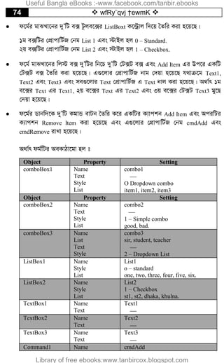 74  wfRy¨qvj †ewmK 
 d‡g©i gvSLv‡bi `yÕwU e· Uzje‡·i ListBoxt K‡›Uªvj w`‡q ˆZwi Kiv n‡q‡Q|
1g e·wUi †cÖvcvwU©R †bg List 1 Ges ÷vBj nj 0 – Standard.
2q e·wUi †cÖvcvwU©R †bg List 2 Ges ÷vBj nj 1 – Checkbox.
 d‡g© gvSLv‡bi wj÷ e· `yÕwUi wb‡P `yÕwU †U·U e· Ges Add Item Gi Dc‡i GKwU
†U·U e· ˆZwi Kiv n‡q‡Q| G¸‡jvi †cÖvcvwU©R bvg †`qv n‡q‡Q h_vµ‡g Text1,
Text2 Ges Text3 Ges me¸‡jvi Text †cÖvcvwU©R G Text bvj Kiv n‡q‡Q| A_v©r 1g
e‡·i Text Gi Text1, 2q e‡·i Text Gi Text2 Ges 3q e‡·i †U·U Text3 gy‡Q
†`qv n‡q‡Q|
 d‡g©i Wvbw`‡K `yÕwU KgvÛ evUb ˆZwi K‡i GKwUi K¨vckb Add Item Ges AciwUi
K¨vckb Remove Item Kiv n‡q‡Q Ges G¸‡jvi †cÖvcvwU©R †bg cmdAdd Ges
cmdRemove ivLv n‡q‡Q|
A_v©r dg©wUi AeKvVv‡gv nj t
Object Property Setting
comboBox1 Name
Text
Style
List
combo1

O Dropdown combo
item1, item2, item3
Object Property Setting
comboBox2 Name
Text
Style
List
combo2

1 – Simple combo
good, bad.
comboBox3 Name
List
Text
Style
combo3
sir, student, teacher

2 – Dropdown List
ListBox1 Name
Style
List
List1
o – standard
one, two, three, four, five, six.
ListBox2 Name
Style
List
List2
1 – Checkbox
st1, st2, dhaka, khulna.
TextBox1 Name
Text
Text1

TextBox2 Name
Text
Text2

TextBox3 Name
Text
Text3

Command1 Name cmdAdd
Useful Bangla eBooks :-www.facebook.com/tanbir.ebooks
Library of free ebooks:www.tanbircox.blogspot.com
 