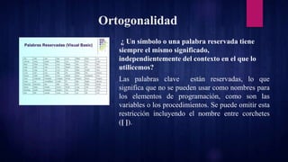 Ortogonalidad
¿ Un símbolo o una palabra reservada tiene
siempre el mismo significado,
independientemente del contexto en el que lo
utilicemos?
Las palabras clave están reservadas, lo que
significa que no se pueden usar como nombres para
los elementos de programación, como son las
variables o los procedimientos. Se puede omitir esta
restricción incluyendo el nombre entre corchetes
([ ]).
 