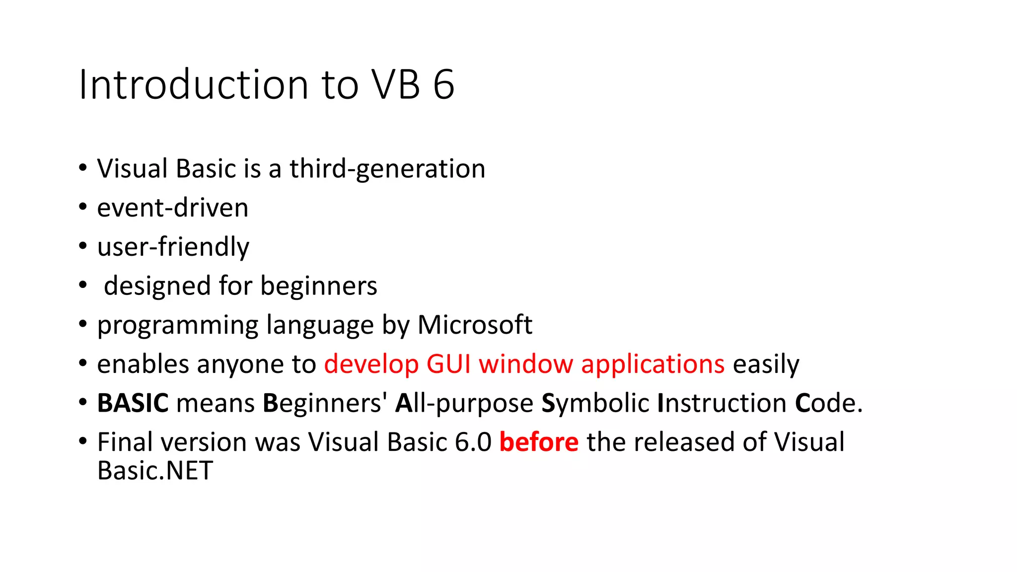 Introduction to Visual basic 6.0 | PPTX