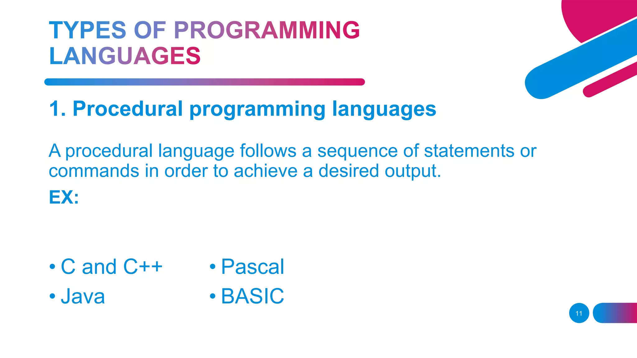 11
1. Procedural programming languages
A procedural language follows a sequence of statements or
commands in order to achieve a desired output.
EX:
• C and C++
• Java
• Pascal
• BASIC
 