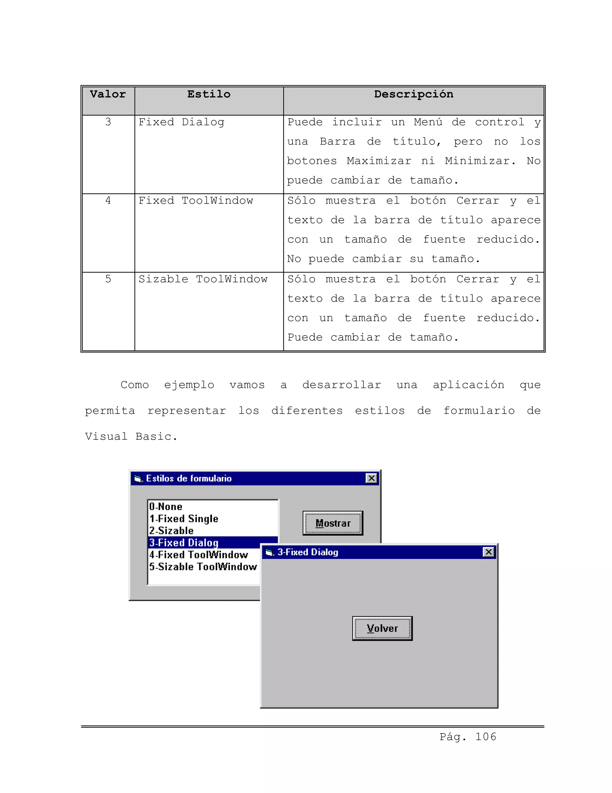 Valor Estilo Descripción
3 Fixed Dialog Puede incluir un Menú de control y
una Barra de título, pero no los
botones Maximizar ni Minimizar. No
puede cambiar de tamaño.
4 Fixed ToolWindow Sólo muestra el botón Cerrar y el
texto de la barra de título aparece
con un tamaño de fuente reducido.
No puede cambiar su tamaño.
5 Sizable ToolWindow Sólo muestra el botón Cerrar y el
texto de la barra de título aparece
con un tamaño de fuente reducido.
Puede cambiar de tamaño.
Como ejemplo vamos a desarrollar una aplicación que
permita representar los diferentes estilos de formulario de
Visual Basic.
Pág. 106
 