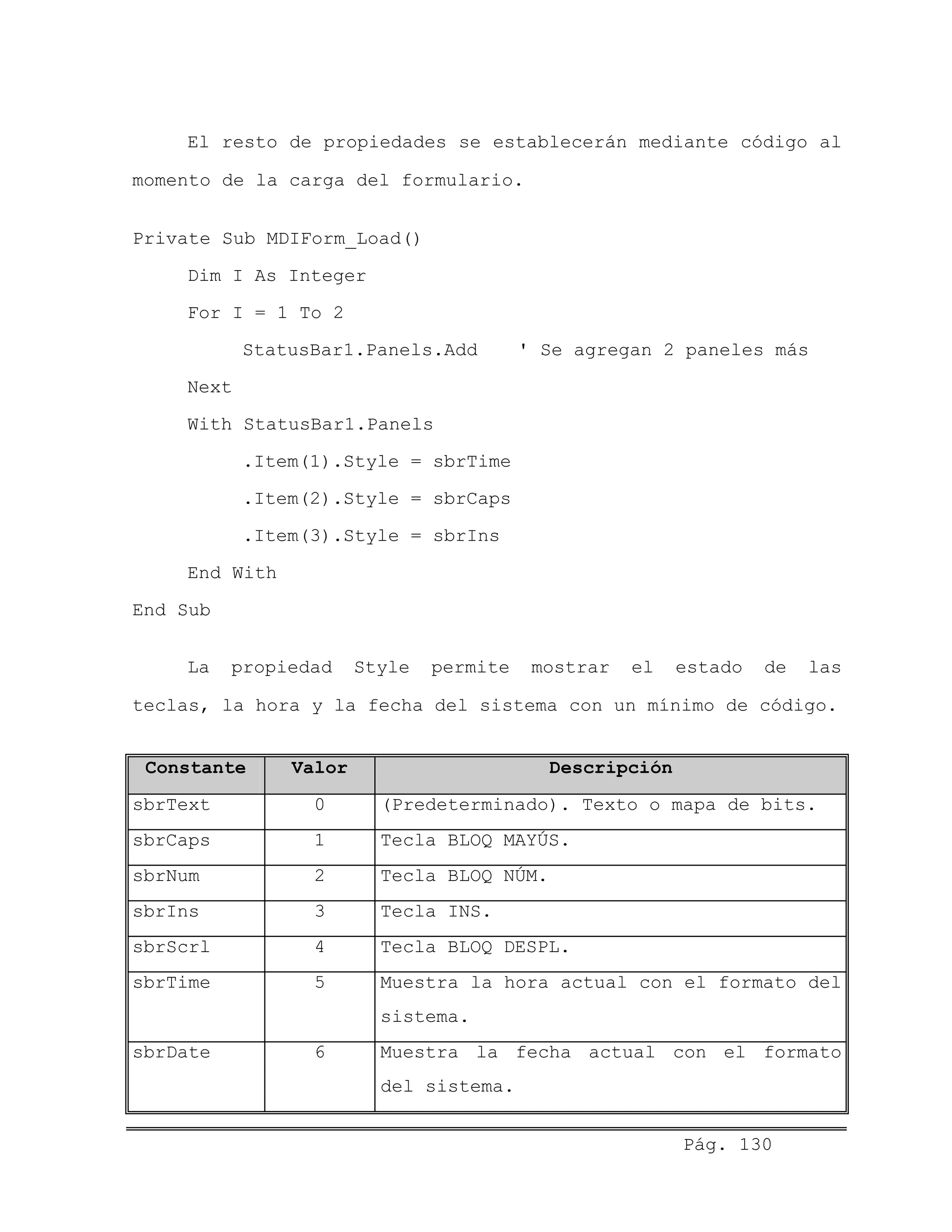 El resto de propiedades se establecerán mediante código al
momento de la carga del formulario.
Private Sub MDIForm_Load()
Dim I As Integer
For I = 1 To 2
StatusBar1.Panels.Add ' Se agregan 2 paneles más
Next
With StatusBar1.Panels
.Item(1).Style = sbrTime
.Item(2).Style = sbrCaps
.Item(3).Style = sbrIns
End With
End Sub
La propiedad Style permite mostrar el estado de las
teclas, la hora y la fecha del sistema con un mínimo de código.
Constante Valor Descripción
sbrText 0 (Predeterminado). Texto o mapa de bits.
sbrCaps 1 Tecla BLOQ MAYÚS.
sbrNum 2 Tecla BLOQ NÚM.
sbrIns 3 Tecla INS.
sbrScrl 4 Tecla BLOQ DESPL.
sbrTime 5 Muestra la hora actual con el formato del
sistema.
sbrDate 6 Muestra la fecha actual con el formato
del sistema.
Pág. 130
 