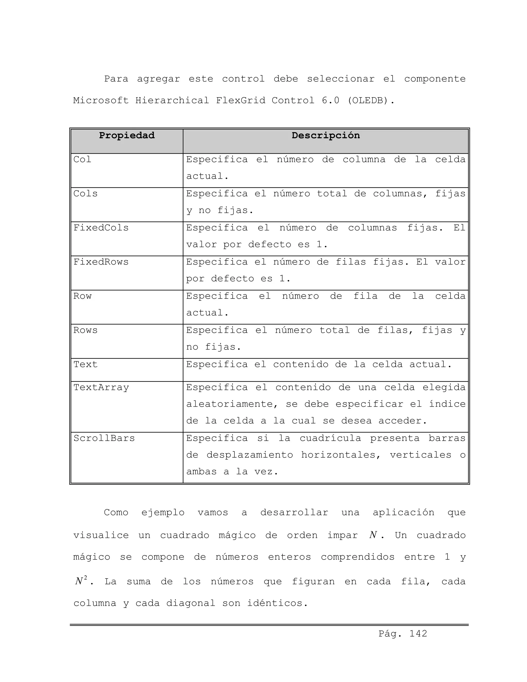 Para agregar este control debe seleccionar el componente
Microsoft Hierarchical FlexGrid Control 6.0 (OLEDB).
Propiedad Descripción
Col Especifica el número de columna de la celda
actual.
Cols Especifica el número total de columnas, fijas
y no fijas.
FixedCols Especifica el número de columnas fijas. El
valor por defecto es 1.
FixedRows Especifica el número de filas fijas. El valor
por defecto es 1.
Row Especifica el número de fila de la celda
actual.
Rows Especifica el número total de filas, fijas y
no fijas.
Text Especifica el contenido de la celda actual.
TextArray Especifica el contenido de una celda elegida
aleatoriamente, se debe especificar el índice
de la celda a la cual se desea acceder.
ScrollBars Especifica si la cuadrícula presenta barras
de desplazamiento horizontales, verticales o
ambas a la vez.
Como ejemplo vamos a desarrollar una aplicación que
visualice un cuadrado mágico de orden impar . Un cuadrado
mágico se compone de números enteros comprendidos entre 1 y
. La suma de los números que figuran en cada fila, cada
columna y cada diagonal son idénticos.
N
2
N
Pág. 142
 