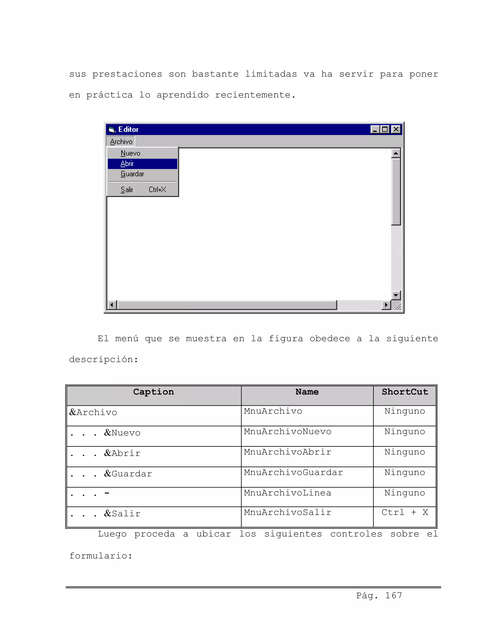 sus prestaciones son bastante limitadas va ha servir para poner
en práctica lo aprendido recientemente.
El menú que se muestra en la figura obedece a la siguiente
descripción:
Caption Name ShortCut
&Archivo MnuArchivo Ninguno
. . . &Nuevo MnuArchivoNuevo Ninguno
. . . &Abrir MnuArchivoAbrir Ninguno
. . . &Guardar MnuArchivoGuardar Ninguno
. . . - MnuArchivoLinea Ninguno
. . . &Salir MnuArchivoSalir Ctrl + X
Luego proceda a ubicar los siguientes controles sobre el
formulario:
Pág. 167
 