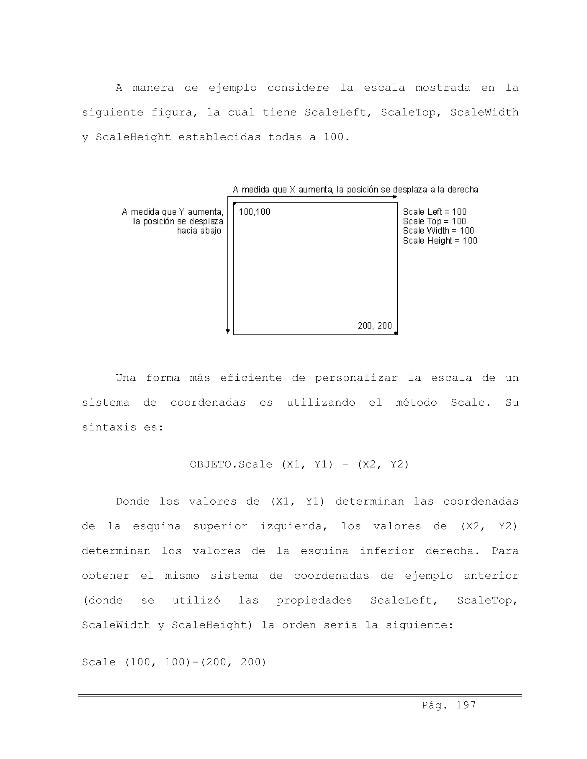 A manera de ejemplo considere la escala mostrada en la
siguiente figura, la cual tiene ScaleLeft, ScaleTop, ScaleWidth
y ScaleHeight establecidas todas a 100.
Una forma más eficiente de personalizar la escala de un
sistema de coordenadas es utilizando el método Scale. Su
sintaxis es:
OBJETO.Scale (X1, Y1) – (X2, Y2)
Donde los valores de (X1, Y1) determinan las coordenadas
de la esquina superior izquierda, los valores de (X2, Y2)
determinan los valores de la esquina inferior derecha. Para
obtener el mismo sistema de coordenadas de ejemplo anterior
(donde se utilizó las propiedades ScaleLeft, ScaleTop,
ScaleWidth y ScaleHeight) la orden sería la siguiente:
Scale (100, 100)-(200, 200)
Pág. 197
 