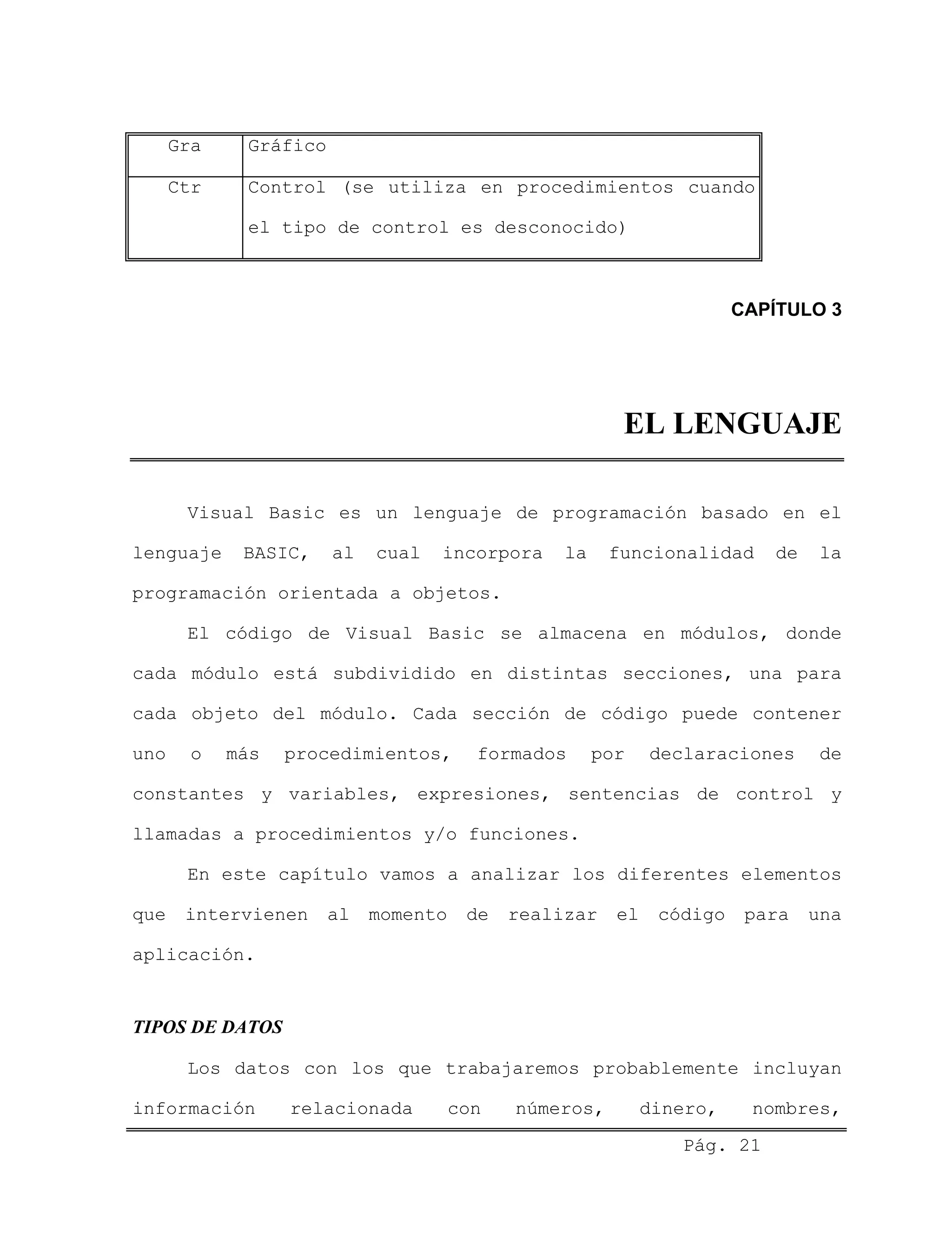Gra Gráfico
Ctr Control (se utiliza en procedimientos cuando
el tipo de control es desconocido)
CAPÍTULO 3
EL LENGUAJE
Visual Basic es un lenguaje de programación basado en el
lenguaje BASIC, al cual incorpora la funcionalidad de la
programación orientada a objetos.
El código de Visual Basic se almacena en módulos, donde
cada módulo está subdividido en distintas secciones, una para
cada objeto del módulo. Cada sección de código puede contener
uno o más procedimientos, formados por declaraciones de
constantes y variables, expresiones, sentencias de control y
llamadas a procedimientos y/o funciones.
En este capítulo vamos a analizar los diferentes elementos
que intervienen al momento de realizar el código para una
aplicación.
TIPOS DE DATOS
Pág. 21
Los datos con los que trabajaremos probablemente incluyan
información relacionada con números, dinero, nombres,
 