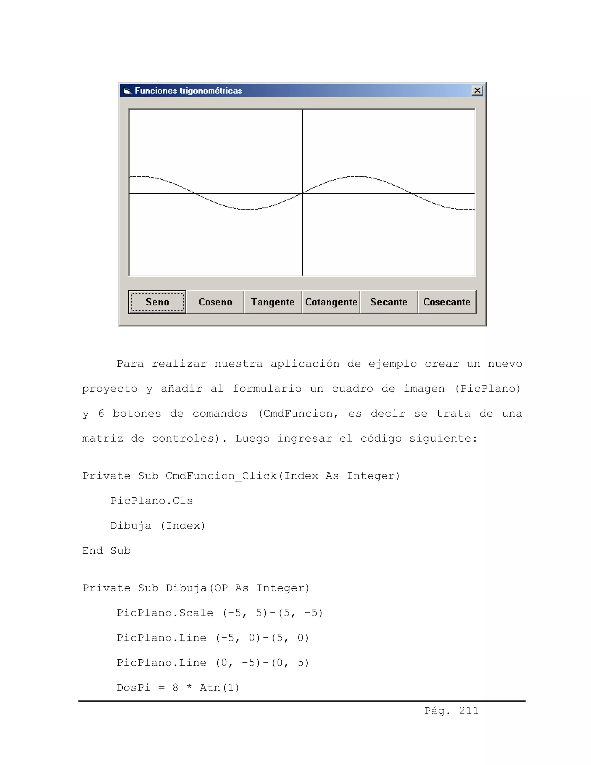 Para realizar nuestra aplicación de ejemplo crear un nuevo
proyecto y añadir al formulario un cuadro de imagen (PicPlano)
y 6 botones de comandos (CmdFuncion, es decir se trata de una
matriz de controles). Luego ingresar el código siguiente:
Private Sub CmdFuncion_Click(Index As Integer)
PicPlano.Cls
Dibuja (Index)
End Sub
Private Sub Dibuja(OP As Integer)
PicPlano.Scale (-5, 5)-(5, -5)
PicPlano.Line (-5, 0)-(5, 0)
PicPlano.Line (0, -5)-(0, 5)
DosPi = 8 * Atn(1)
Pág. 211
 