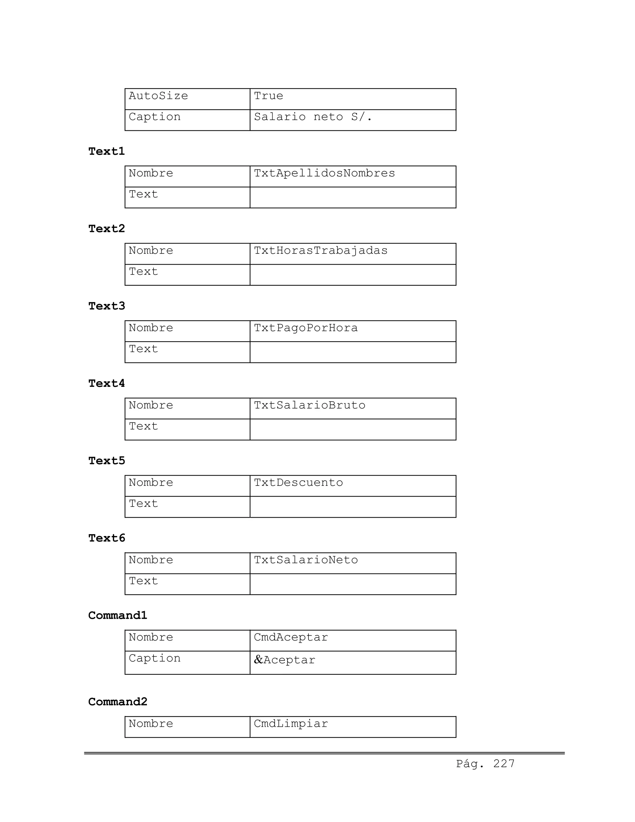 AutoSize True
Caption Salario neto S/.
Text1
Nombre TxtApellidosNombres
Text
Text2
Nombre TxtHorasTrabajadas
Text
Text3
Nombre TxtPagoPorHora
Text
Text4
Nombre TxtSalarioBruto
Text
Text5
Nombre TxtDescuento
Text
Text6
Nombre TxtSalarioNeto
Text
Command1
Nombre CmdAceptar
Caption &Aceptar
Command2
Nombre CmdLimpiar
Pág. 227
 