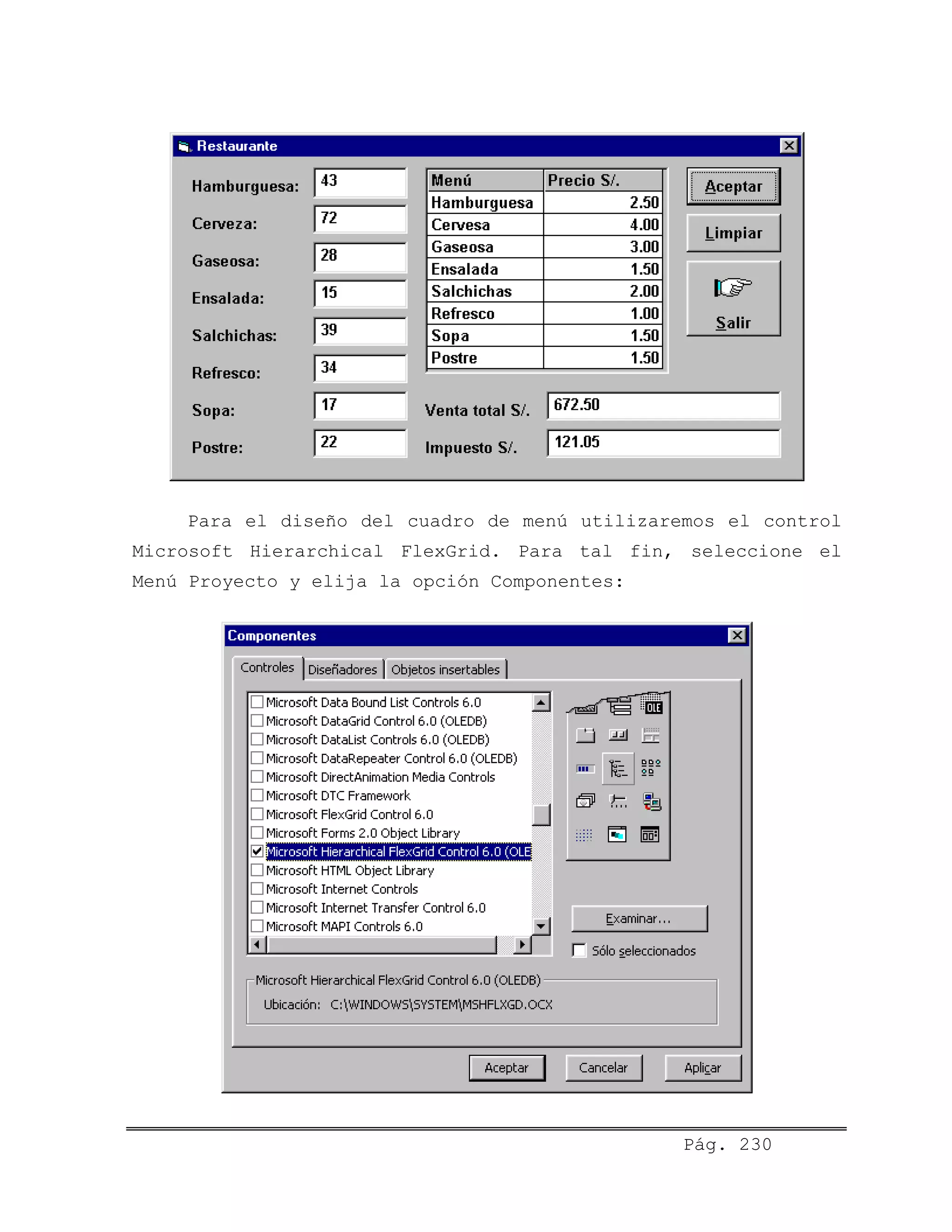 Para el diseño del cuadro de menú utilizaremos el control
Microsoft Hierarchical FlexGrid. Para tal fin, seleccione el
Menú Proyecto y elija la opción Componentes:
Pág. 230
 