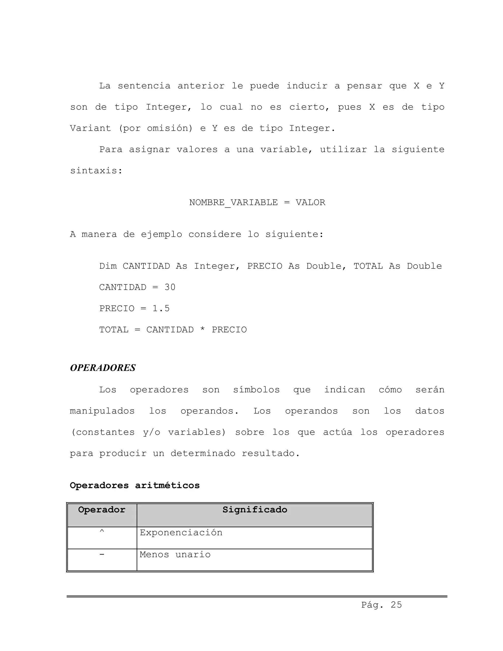 La sentencia anterior le puede inducir a pensar que X e Y
son de tipo Integer, lo cual no es cierto, pues X es de tipo
Variant (por omisión) e Y es de tipo Integer.
Para asignar valores a una variable, utilizar la siguiente
sintaxis:
NOMBRE_VARIABLE = VALOR
A manera de ejemplo considere lo siguiente:
Dim CANTIDAD As Integer, PRECIO As Double, TOTAL As Double
CANTIDAD = 30
PRECIO = 1.5
TOTAL = CANTIDAD * PRECIO
OPERADORES
Los operadores son símbolos que indican cómo serán
manipulados los operandos. Los operandos son los datos
(constantes y/o variables) sobre los que actúa los operadores
para producir un determinado resultado.
Operadores aritméticos
Operador Significado
^ Exponenciación
- Menos unario
Pág. 25
 