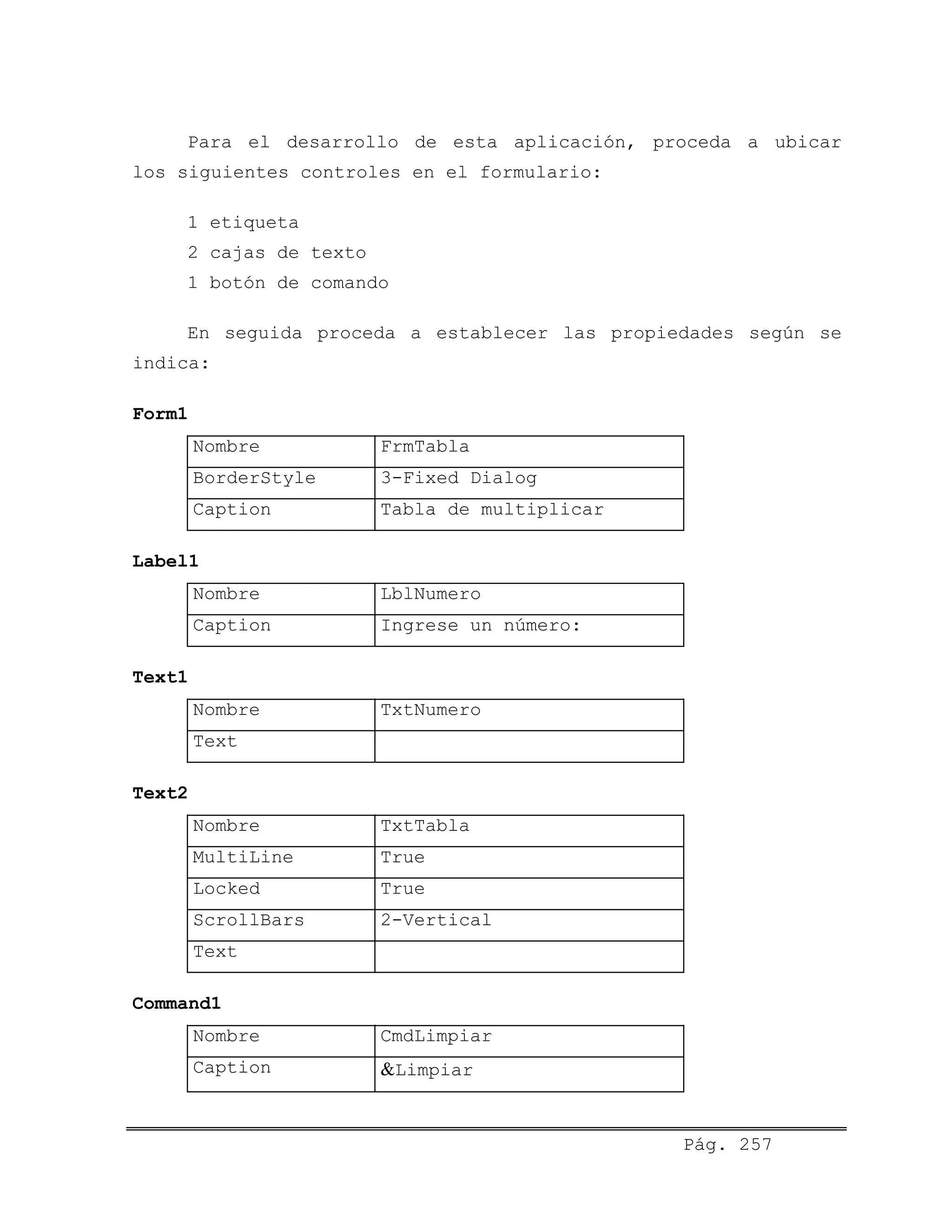 Para el desarrollo de esta aplicación, proceda a ubicar
los siguientes controles en el formulario:
1 etiqueta
2 cajas de texto
1 botón de comando
En seguida proceda a establecer las propiedades según se
indica:
Form1
Nombre FrmTabla
BorderStyle 3-Fixed Dialog
Caption Tabla de multiplicar
Label1
Nombre LblNumero
Caption Ingrese un número:
Text1
Nombre TxtNumero
Text
Text2
Nombre TxtTabla
MultiLine True
Locked True
ScrollBars 2-Vertical
Text
Command1
Nombre CmdLimpiar
Caption &Limpiar
Pág. 257
 