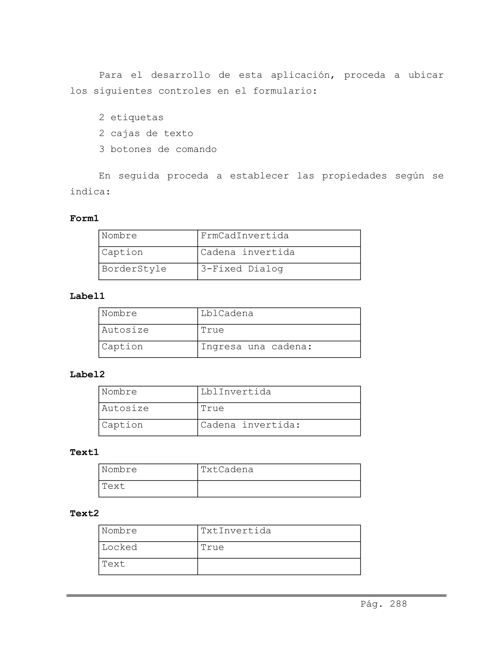 Para el desarrollo de esta aplicación, proceda a ubicar
los siguientes controles en el formulario:
2 etiquetas
2 cajas de texto
3 botones de comando
En seguida proceda a establecer las propiedades según se
indica:
Form1
Nombre FrmCadInvertida
Caption Cadena invertida
BorderStyle 3-Fixed Dialog
Label1
Nombre LblCadena
Autosize True
Caption Ingresa una cadena:
Label2
Nombre LblInvertida
Autosize True
Caption Cadena invertida:
Text1
Nombre TxtCadena
Text
Text2
Nombre TxtInvertida
Locked True
Text
Pág. 288
 