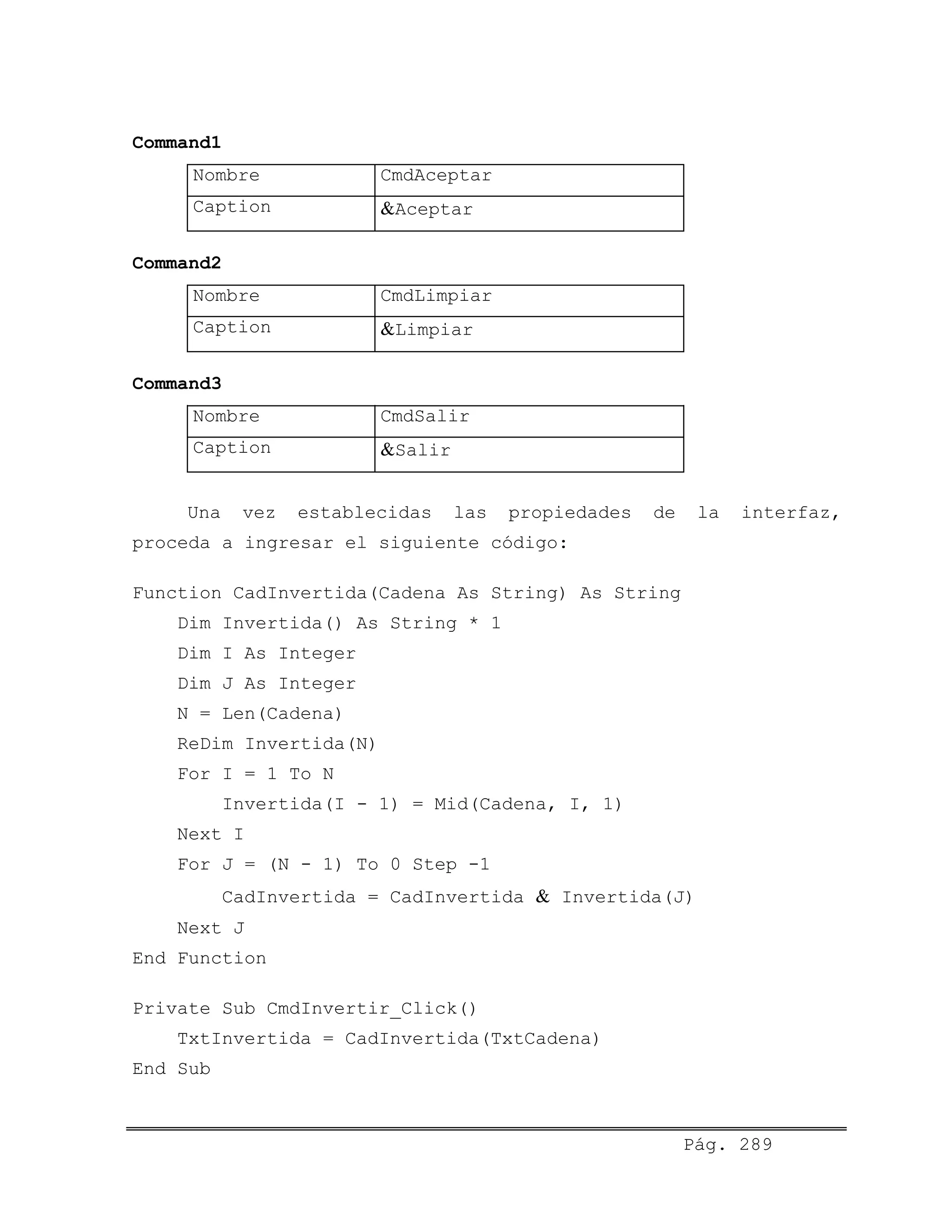 Command1
Nombre CmdAceptar
Caption &Aceptar
Command2
Nombre CmdLimpiar
Caption &Limpiar
Command3
Nombre CmdSalir
Caption &Salir
Una vez establecidas las propiedades de la interfaz,
proceda a ingresar el siguiente código:
Function CadInvertida(Cadena As String) As String
Dim Invertida() As String * 1
Dim I As Integer
Dim J As Integer
N = Len(Cadena)
ReDim Invertida(N)
For I = 1 To N
Invertida(I - 1) = Mid(Cadena, I, 1)
Next I
For J = (N - 1) To 0 Step -1
CadInvertida = CadInvertida & Invertida(J)
Next J
End Function
Private Sub CmdInvertir_Click()
TxtInvertida = CadInvertida(TxtCadena)
End Sub
Pág. 289
 