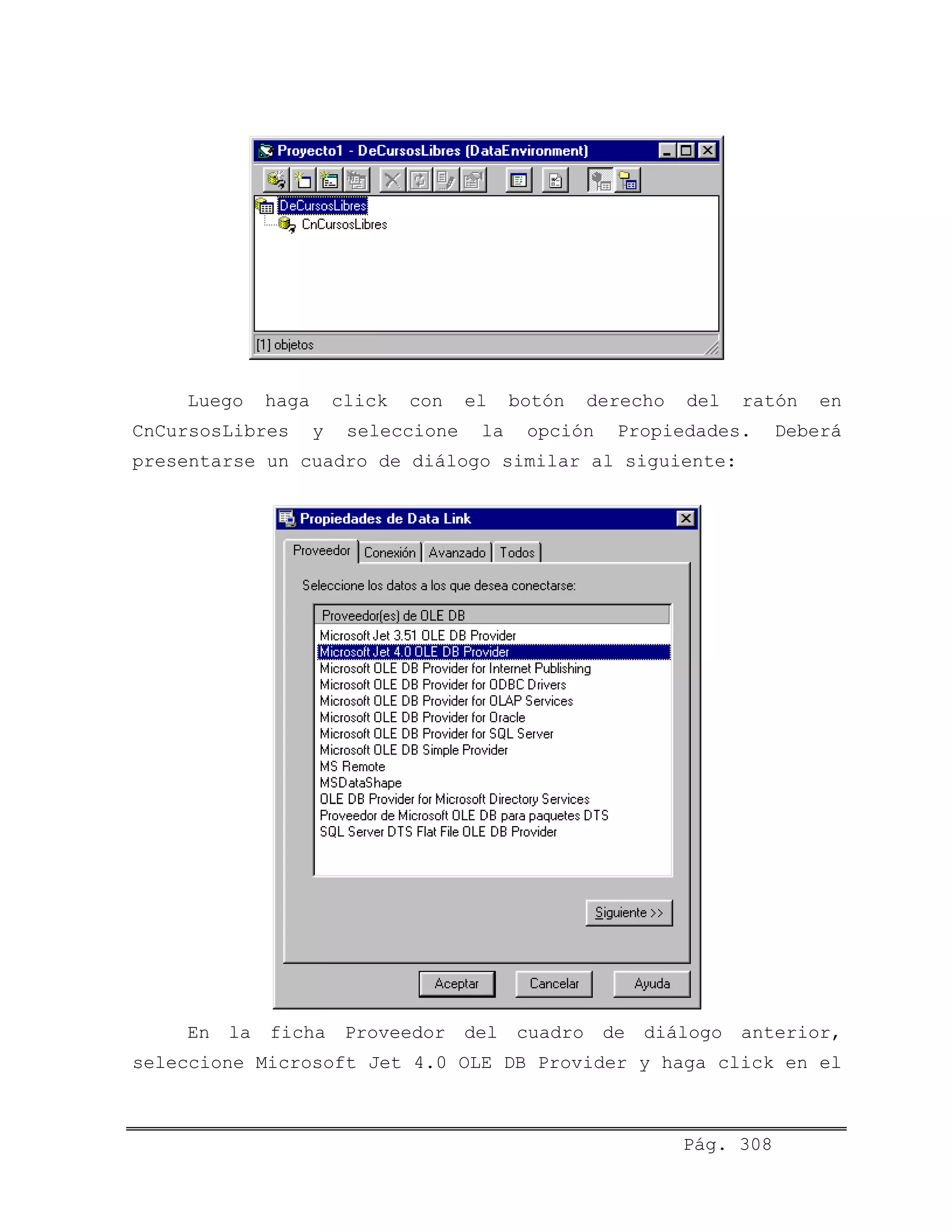 Luego haga click con el botón derecho del ratón en
CnCursosLibres y seleccione la opción Propiedades. Deberá
presentarse un cuadro de diálogo similar al siguiente:
En la ficha Proveedor del cuadro de diálogo anterior,
seleccione Microsoft Jet 4.0 OLE DB Provider y haga click en el
Pág. 308
 