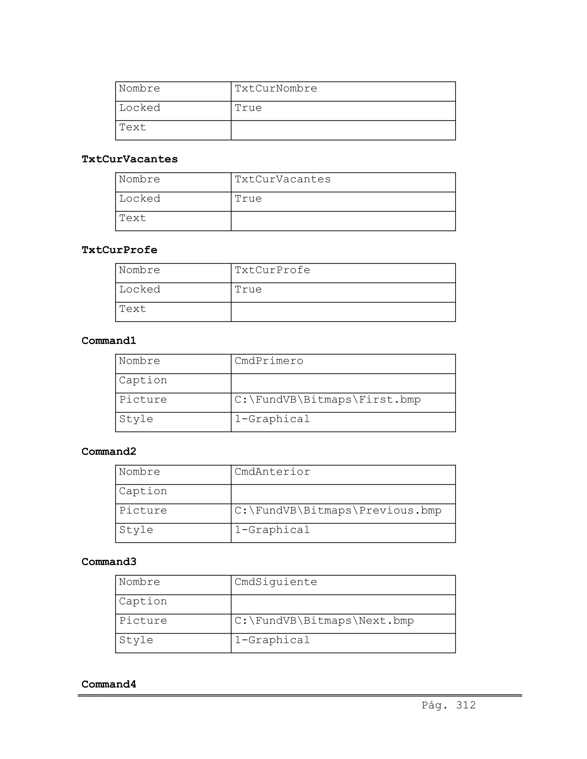 Nombre TxtCurNombre
Locked True
Text
TxtCurVacantes
Nombre TxtCurVacantes
Locked True
Text
TxtCurProfe
Nombre TxtCurProfe
Locked True
Text
Command1
Nombre CmdPrimero
Caption
Picture C:FundVBBitmapsFirst.bmp
Style 1-Graphical
Command2
Nombre CmdAnterior
Caption
Picture C:FundVBBitmapsPrevious.bmp
Style 1-Graphical
Command3
Nombre CmdSiguiente
Caption
Picture C:FundVBBitmapsNext.bmp
Style 1-Graphical
Pág. 312
Command4
 