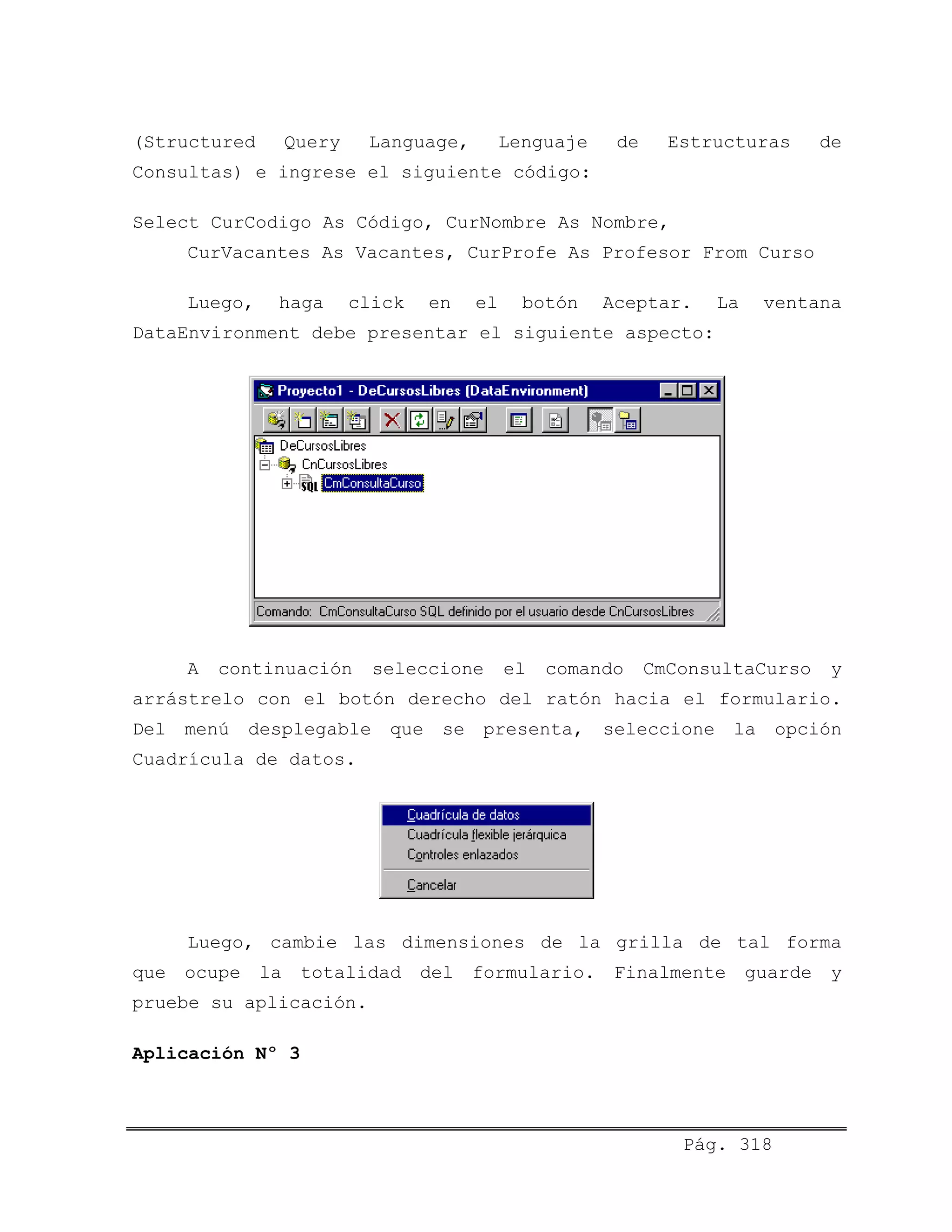 (Structured Query Language, Lenguaje de Estructuras de
Consultas) e ingrese el siguiente código:
Select CurCodigo As Código, CurNombre As Nombre,
CurVacantes As Vacantes, CurProfe As Profesor From Curso
Luego, haga click en el botón Aceptar. La ventana
DataEnvironment debe presentar el siguiente aspecto:
A continuación seleccione el comando CmConsultaCurso y
arrástrelo con el botón derecho del ratón hacia el formulario.
Del menú desplegable que se presenta, seleccione la opción
Cuadrícula de datos.
Luego, cambie las dimensiones de la grilla de tal forma
que ocupe la totalidad del formulario. Finalmente guarde y
pruebe su aplicación.
Aplicación Nº 3
Pág. 318
 
