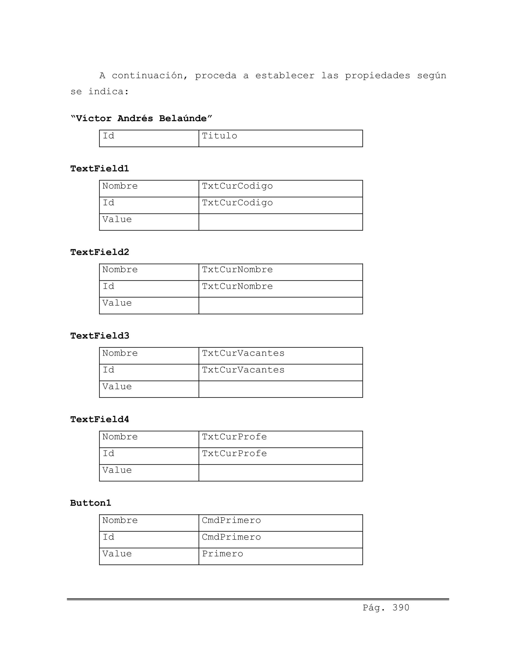 A continuación, proceda a establecer las propiedades según
se indica:
“Víctor Andrés Belaúnde”
Id Titulo
TextField1
Nombre TxtCurCodigo
Id TxtCurCodigo
Value
TextField2
Nombre TxtCurNombre
Id TxtCurNombre
Value
TextField3
Nombre TxtCurVacantes
Id TxtCurVacantes
Value
TextField4
Nombre TxtCurProfe
Id TxtCurProfe
Value
Button1
Nombre CmdPrimero
Id CmdPrimero
Value Primero
Pág. 390
 