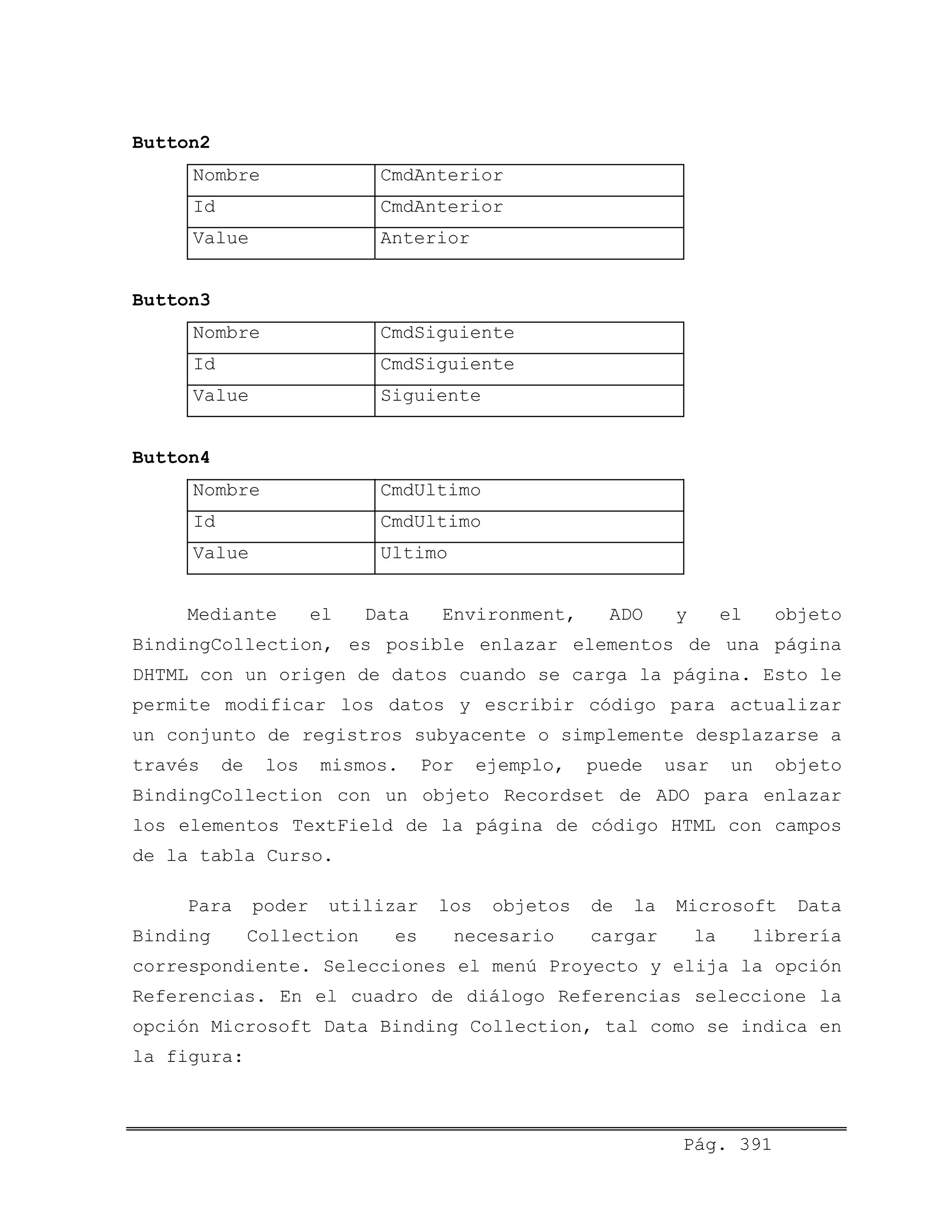 Button2
Nombre CmdAnterior
Id CmdAnterior
Value Anterior
Button3
Nombre CmdSiguiente
Id CmdSiguiente
Value Siguiente
Button4
Nombre CmdUltimo
Id CmdUltimo
Value Ultimo
Mediante el Data Environment, ADO y el objeto
BindingCollection, es posible enlazar elementos de una página
DHTML con un origen de datos cuando se carga la página. Esto le
permite modificar los datos y escribir código para actualizar
un conjunto de registros subyacente o simplemente desplazarse a
través de los mismos. Por ejemplo, puede usar un objeto
BindingCollection con un objeto Recordset de ADO para enlazar
los elementos TextField de la página de código HTML con campos
de la tabla Curso.
Para poder utilizar los objetos de la Microsoft Data
Binding Collection es necesario cargar la librería
correspondiente. Selecciones el menú Proyecto y elija la opción
Referencias. En el cuadro de diálogo Referencias seleccione la
opción Microsoft Data Binding Collection, tal como se indica en
la figura:
Pág. 391
 