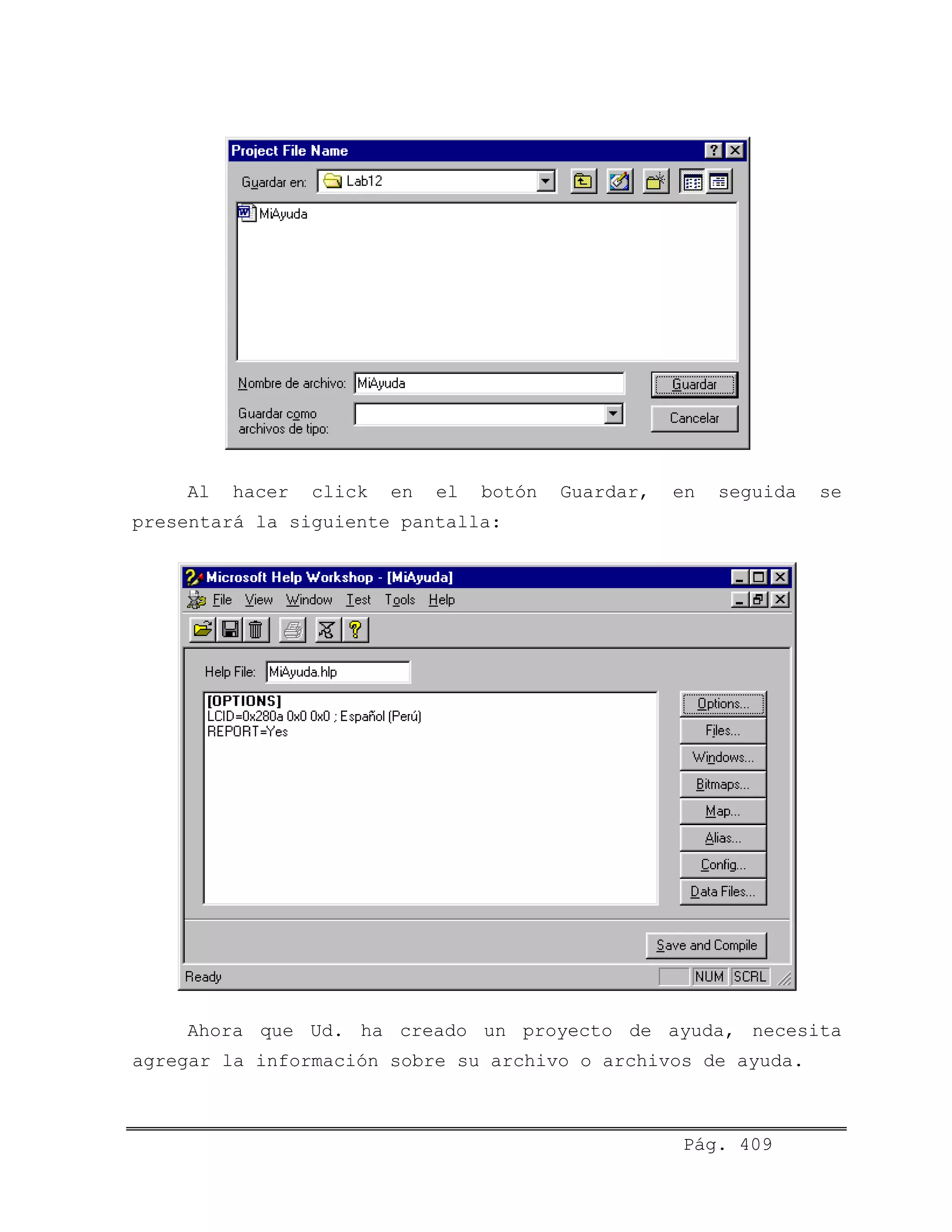 Al hacer click en el botón Guardar, en seguida se
presentará la siguiente pantalla:
Ahora que Ud. ha creado un proyecto de ayuda, necesita
agregar la información sobre su archivo o archivos de ayuda.
Pág. 409
 