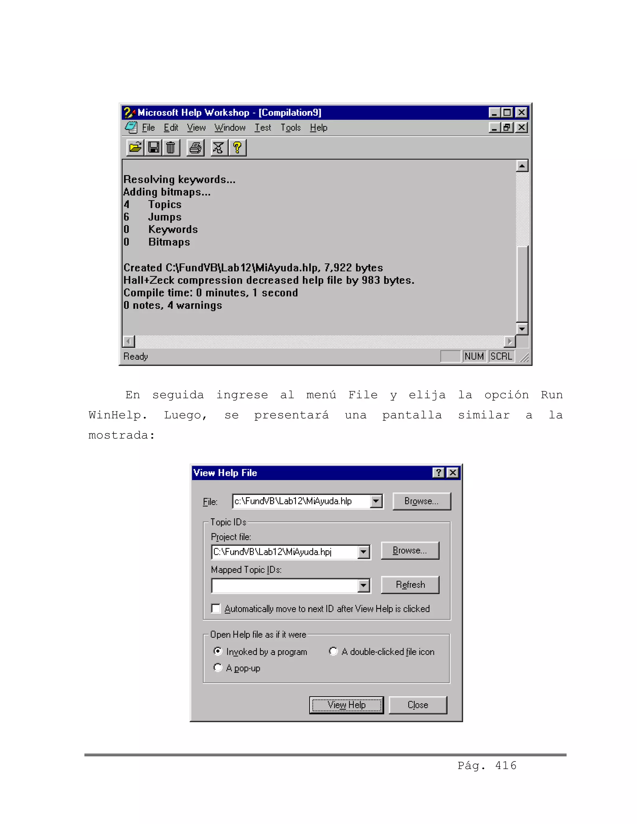 En seguida ingrese al menú File y elija la opción Run
WinHelp. Luego, se presentará una pantalla similar a la
mostrada:
Pág. 416
 