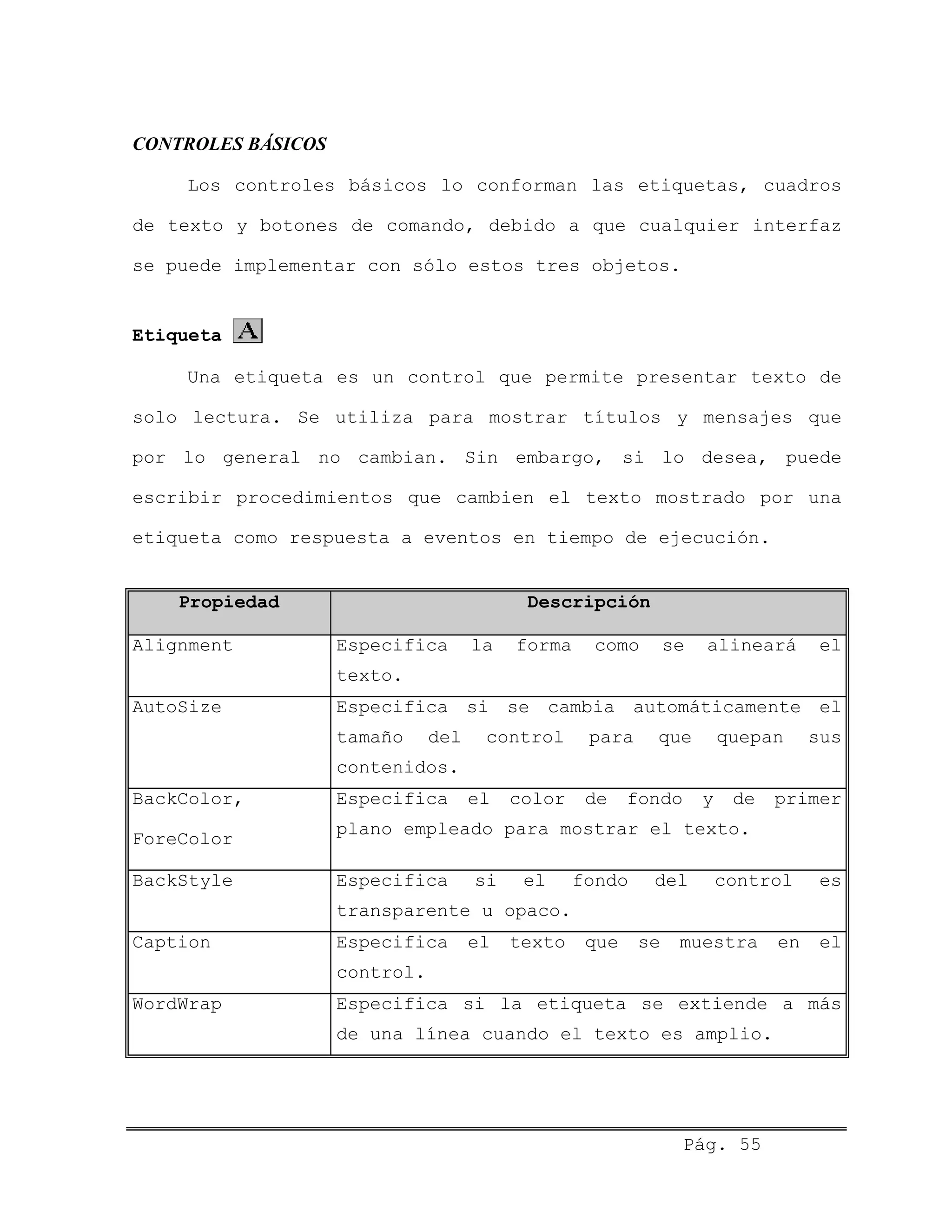 CONTROLES BÁSICOS
Los controles básicos lo conforman las etiquetas, cuadros
de texto y botones de comando, debido a que cualquier interfaz
se puede implementar con sólo estos tres objetos.
Etiqueta
Una etiqueta es un control que permite presentar texto de
solo lectura. Se utiliza para mostrar títulos y mensajes que
por lo general no cambian. Sin embargo, si lo desea, puede
escribir procedimientos que cambien el texto mostrado por una
etiqueta como respuesta a eventos en tiempo de ejecución.
Propiedad Descripción
Alignment Especifica la forma como se alineará el
texto.
AutoSize Especifica si se cambia automáticamente el
tamaño del control para que quepan sus
contenidos.
BackColor,
ForeColor
Especifica el color de fondo y de primer
plano empleado para mostrar el texto.
BackStyle Especifica si el fondo del control es
transparente u opaco.
Caption Especifica el texto que se muestra en el
control.
WordWrap Especifica si la etiqueta se extiende a más
de una línea cuando el texto es amplio.
Pág. 55
 