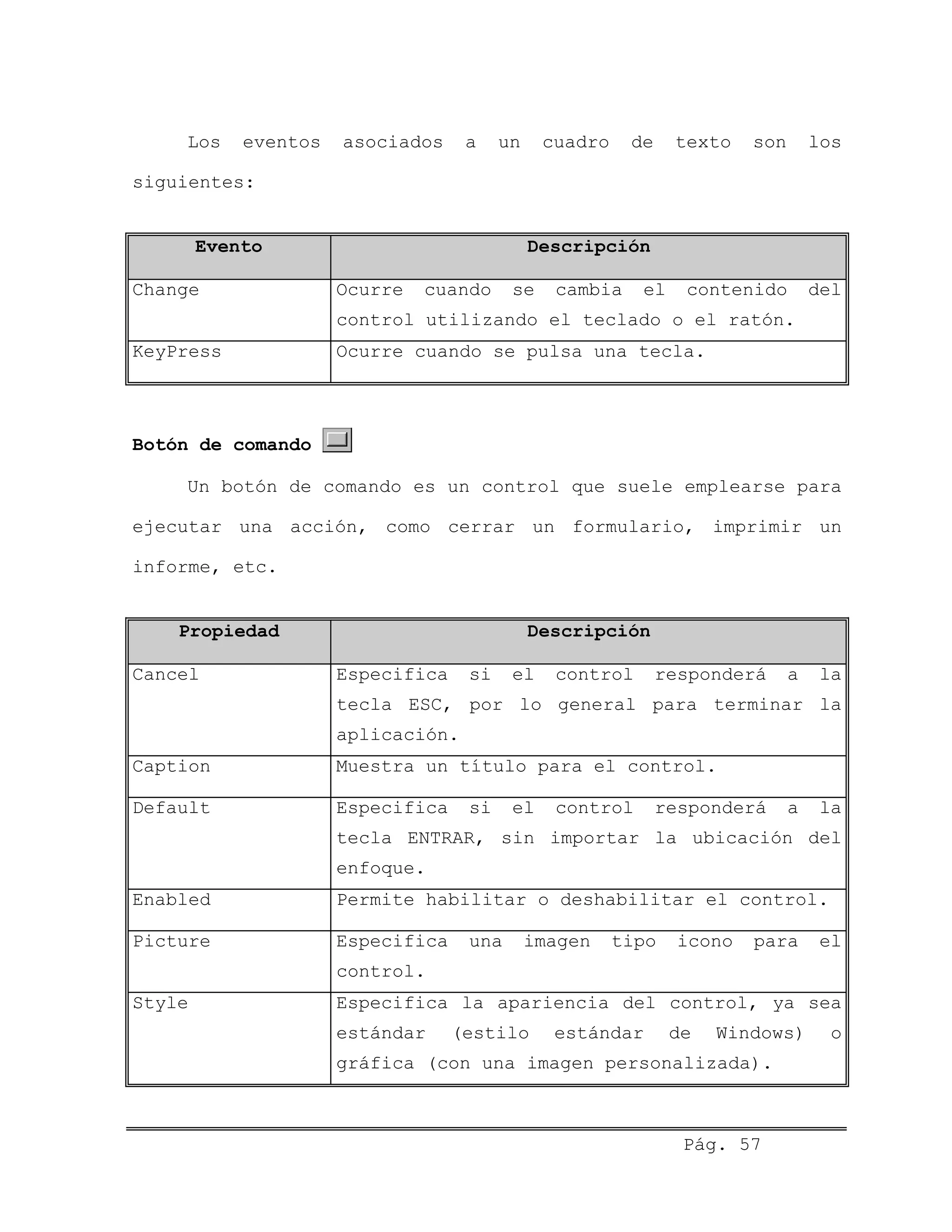 Los eventos asociados a un cuadro de texto son los
siguientes:
Evento Descripción
Change Ocurre cuando se cambia el contenido del
control utilizando el teclado o el ratón.
KeyPress Ocurre cuando se pulsa una tecla.
Botón de comando
Un botón de comando es un control que suele emplearse para
ejecutar una acción, como cerrar un formulario, imprimir un
informe, etc.
Propiedad Descripción
Cancel Especifica si el control responderá a la
tecla ESC, por lo general para terminar la
aplicación.
Caption Muestra un título para el control.
Default Especifica si el control responderá a la
tecla ENTRAR, sin importar la ubicación del
enfoque.
Enabled Permite habilitar o deshabilitar el control.
Picture Especifica una imagen tipo icono para el
control.
Style Especifica la apariencia del control, ya sea
estándar (estilo estándar de Windows) o
gráfica (con una imagen personalizada).
Pág. 57
 