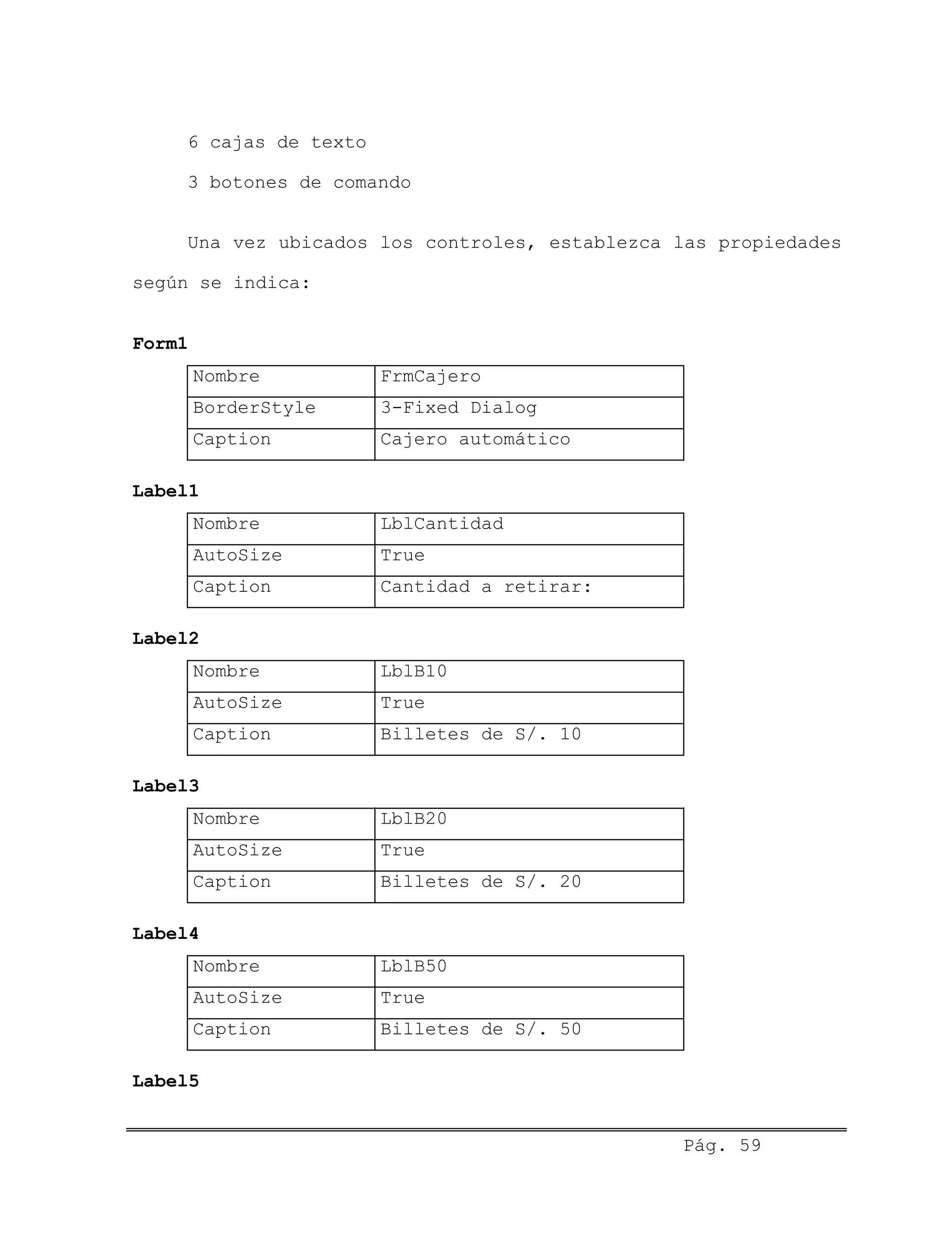 6 cajas de texto
3 botones de comando
Una vez ubicados los controles, establezca las propiedades
según se indica:
Form1
Nombre FrmCajero
BorderStyle 3-Fixed Dialog
Caption Cajero automático
Label1
Nombre LblCantidad
AutoSize True
Caption Cantidad a retirar:
Label2
Nombre LblB10
AutoSize True
Caption Billetes de S/. 10
Label3
Nombre LblB20
AutoSize True
Caption Billetes de S/. 20
Label4
Nombre LblB50
AutoSize True
Caption Billetes de S/. 50
Label5
Pág. 59
 