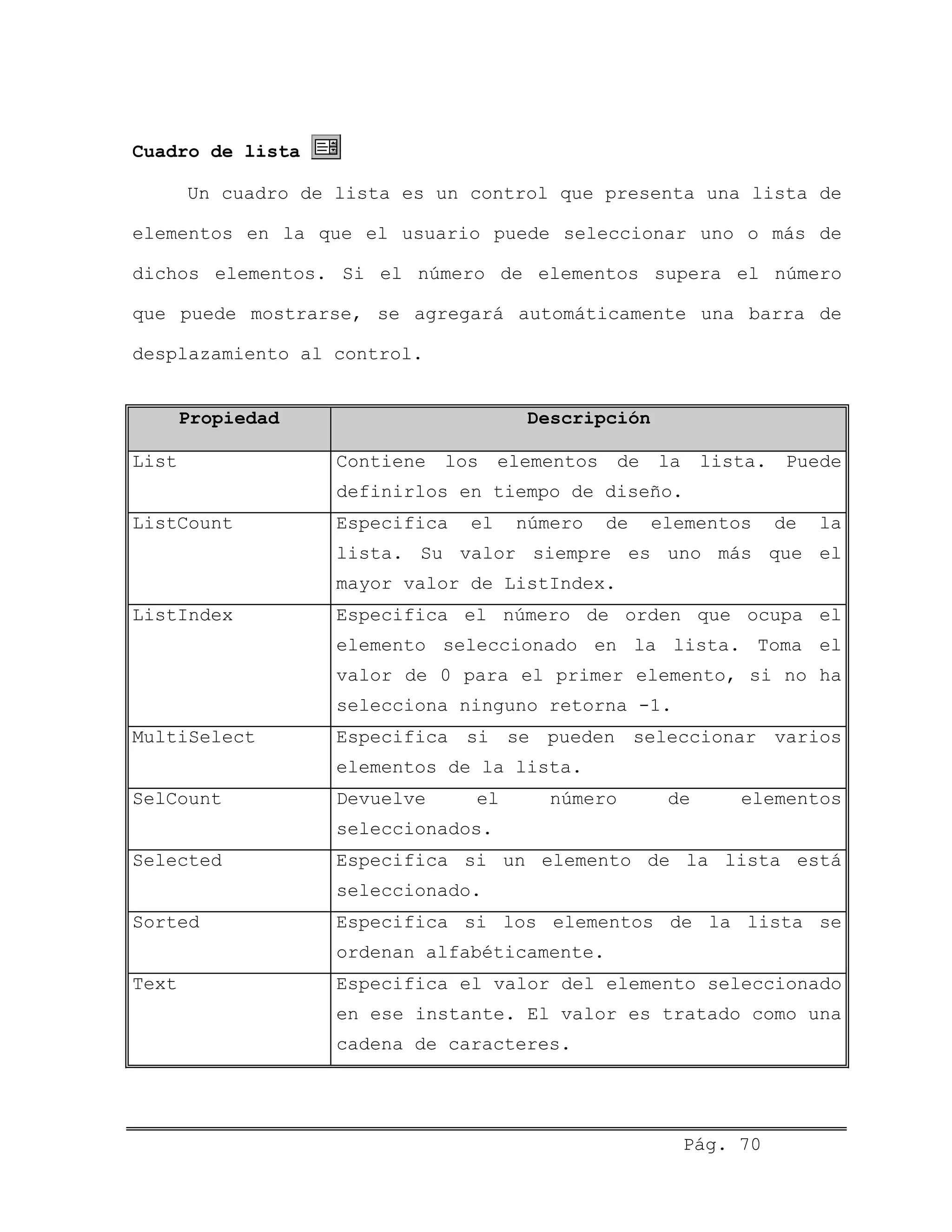 Cuadro de lista
Un cuadro de lista es un control que presenta una lista de
elementos en la que el usuario puede seleccionar uno o más de
dichos elementos. Si el número de elementos supera el número
que puede mostrarse, se agregará automáticamente una barra de
desplazamiento al control.
Propiedad Descripción
List Contiene los elementos de la lista. Puede
definirlos en tiempo de diseño.
ListCount Especifica el número de elementos de la
lista. Su valor siempre es uno más que el
mayor valor de ListIndex.
ListIndex Especifica el número de orden que ocupa el
elemento seleccionado en la lista. Toma el
valor de 0 para el primer elemento, si no ha
selecciona ninguno retorna -1.
MultiSelect Especifica si se pueden seleccionar varios
elementos de la lista.
SelCount Devuelve el número de elementos
seleccionados.
Selected Especifica si un elemento de la lista está
seleccionado.
Sorted Especifica si los elementos de la lista se
ordenan alfabéticamente.
Text Especifica el valor del elemento seleccionado
en ese instante. El valor es tratado como una
cadena de caracteres.
Pág. 70
 