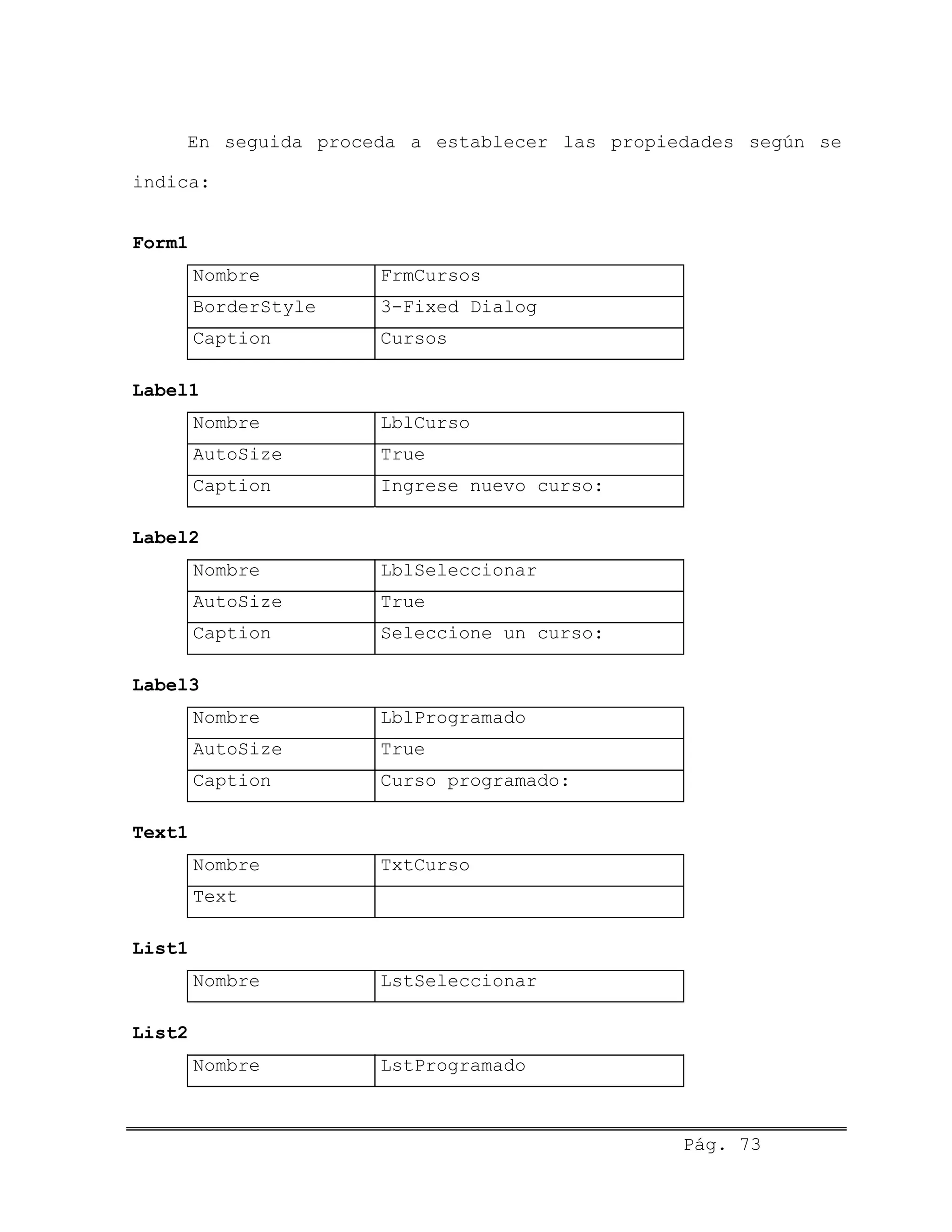 En seguida proceda a establecer las propiedades según se
indica:
Form1
Nombre FrmCursos
BorderStyle 3-Fixed Dialog
Caption Cursos
Label1
Nombre LblCurso
AutoSize True
Caption Ingrese nuevo curso:
Label2
Nombre LblSeleccionar
AutoSize True
Caption Seleccione un curso:
Label3
Nombre LblProgramado
AutoSize True
Caption Curso programado:
Text1
Nombre TxtCurso
Text
List1
Nombre LstSeleccionar
List2
Nombre LstProgramado
Pág. 73
 