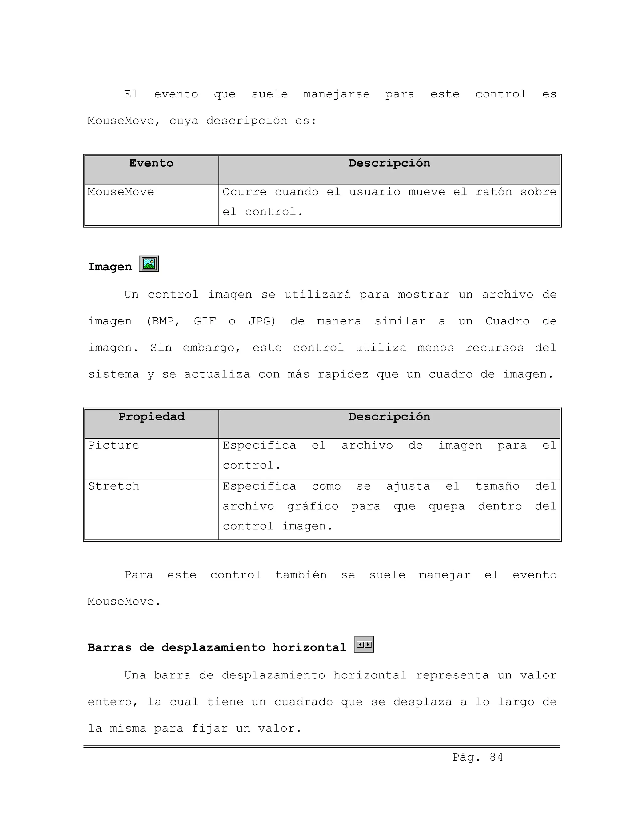 El evento que suele manejarse para este control es
MouseMove, cuya descripción es:
Evento Descripción
MouseMove Ocurre cuando el usuario mueve el ratón sobre
el control.
Imagen
Un control imagen se utilizará para mostrar un archivo de
imagen (BMP, GIF o JPG) de manera similar a un Cuadro de
imagen. Sin embargo, este control utiliza menos recursos del
sistema y se actualiza con más rapidez que un cuadro de imagen.
Propiedad Descripción
Picture Especifica el archivo de imagen para el
control.
Stretch Especifica como se ajusta el tamaño del
archivo gráfico para que quepa dentro del
control imagen.
Para este control también se suele manejar el evento
MouseMove.
Barras de desplazamiento horizontal
Una barra de desplazamiento horizontal representa un valor
entero, la cual tiene un cuadrado que se desplaza a lo largo de
la misma para fijar un valor.
Pág. 84
 