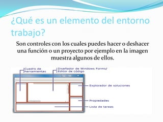 ¿Qué es un elemento del entorno
trabajo?
Son controles con los cuales puedes hacer o deshacer
una función o un proyecto por ejemplo en la imagen
muestra algunos de ellos.
 