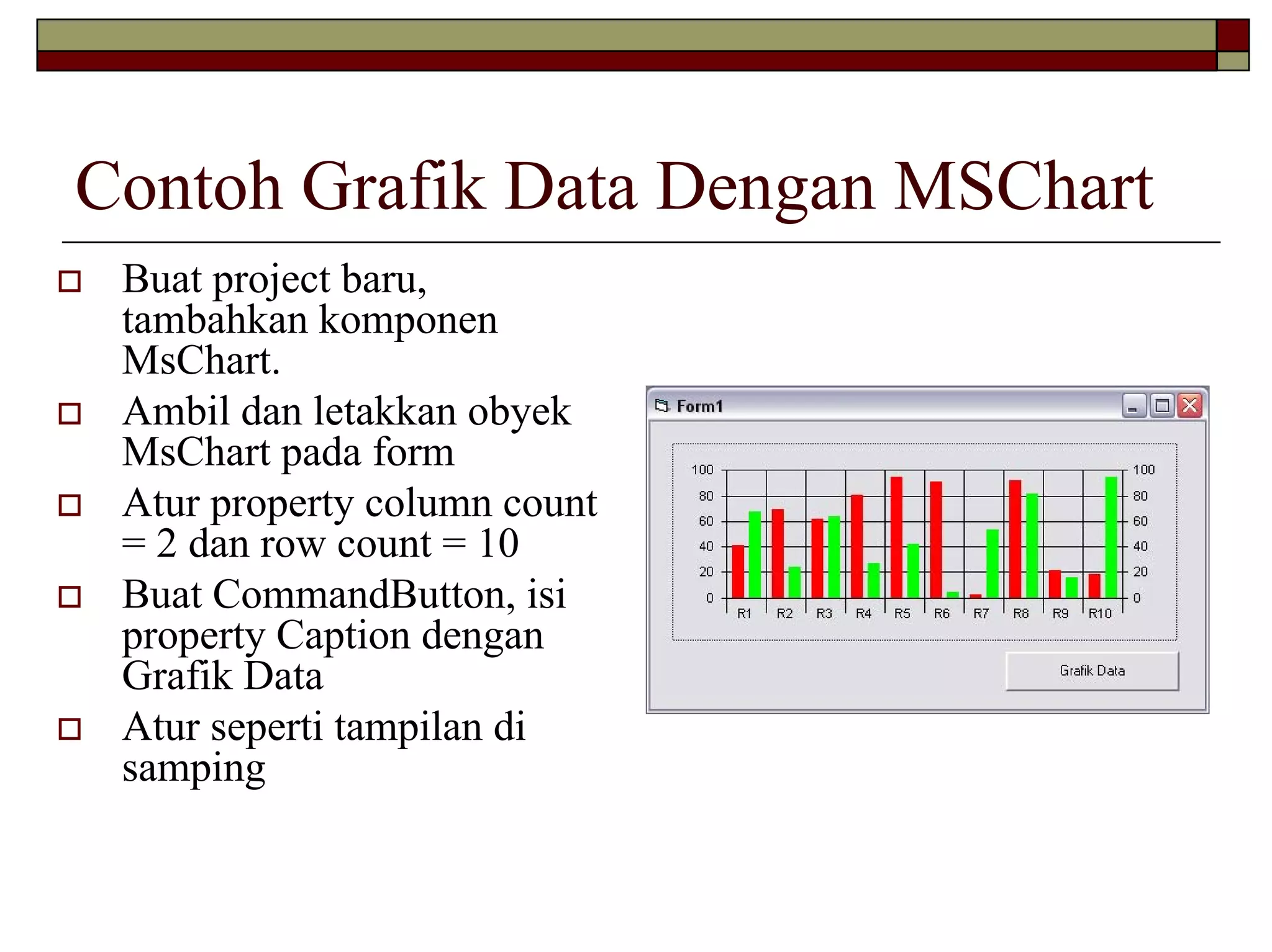 Contoh Grafik Data Dengan MSChart
 Buat project baru,
 tambahkan komponen
 MsChart.
 Ambil dan letakkan obyek
 MsChart pada form
 Atur property column count
 = 2 dan row count = 10
 Buat CommandButton, isi
 property Caption dengan
 Grafik Data
 Atur seperti tampilan di
 samping
 