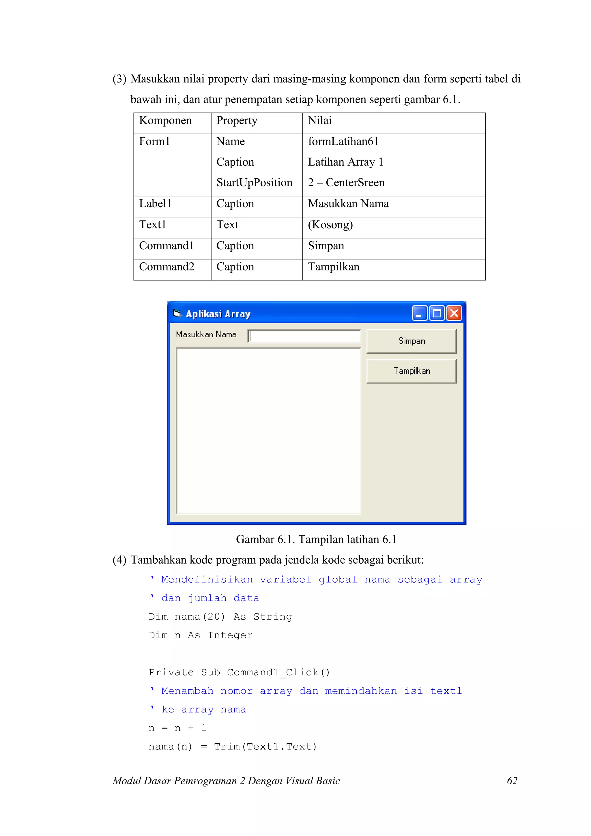 (3) Masukkan nilai property dari masing-masing komponen dan form seperti tabel di
   bawah ini, dan atur penempatan setiap komponen seperti gambar 6.1.
     Komponen       Property          Nilai
     Form1          Name              formLatihan61
                    Caption           Latihan Array 1
                    StartUpPosition   2 – CenterSreen
     Label1         Caption           Masukkan Nama
     Text1          Text              (Kosong)
     Command1       Caption           Simpan
     Command2       Caption           Tampilkan




                        Gambar 6.1. Tampilan latihan 6.1
(4) Tambahkan kode program pada jendela kode sebagai berikut:
       ‘ Mendefinisikan variabel global nama sebagai array
       ‘ dan jumlah data
       Dim nama(20) As String
       Dim n As Integer


       Private Sub Command1_Click()
       ‘ Menambah nomor array dan memindahkan isi text1
       ‘ ke array nama
       n = n + 1
       nama(n) = Trim(Text1.Text)


Modul Dasar Pemrograman 2 Dengan Visual Basic                                 62
 