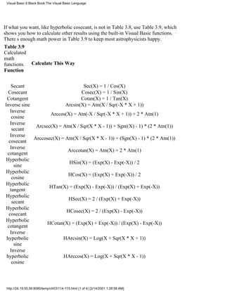 Visual Basic 6 Black Book:The Visual Basic Language




If what you want, like hyperbolic cosecant, is not in Table 3.8, use Table 3.9, which
shows you how to calculate other results using the built-in Visual Basic functions.
Theres enough math power in Table 3.9 to keep most astrophysicists happy.
Table 3.9
Calculated
math
functions. Calculate This Way
Function


   Secant                          Sec(X) = 1 / Cos(X)
  Cosecant                        Cosec(X) = 1 / Sin(X)
 Cotangent                        Cotan(X) = 1 / Tan(X)
Inverse sine               Arcsin(X) = Atn(X / Sqr(-X * X + 1))
   Inverse
                    Arccos(X) = Atn(-X / Sqr(-X * X + 1)) + 2 * Atn(1)
    cosine
   Inverse
              Arcsec(X) = Atn(X / Sqr(X * X - 1)) + Sgn((X) - 1) * (2 * Atn(1))
    secant
   Inverse
             Arccosec(X) = Atn(X / Sqr(X * X - 1)) + (Sgn(X) - 1) * (2 * Atn(1))
  cosecant
   Inverse
                            Arccotan(X) = Atn(X) + 2 * Atn(1)
 cotangent
Hyperbolic
                            HSin(X) = (Exp(X) - Exp(-X)) / 2
     sine
Hyperbolic
                            HCos(X) = (Exp(X) + Exp(-X)) / 2
    cosine
Hyperbolic
                    HTan(X) = (Exp(X) - Exp(-X)) / (Exp(X) + Exp(-X))
   tangent
Hyperbolic
                            HSec(X) = 2 / (Exp(X) + Exp(-X))
    secant
Hyperbolic
                           HCosec(X) = 2 / (Exp(X) - Exp(-X))
  cosecant
Hyperbolic
                   HCotan(X) = (Exp(X) + Exp(-X)) / (Exp(X) - Exp(-X))
 cotangent
   Inverse
 hyperbolic               HArcsin(X) = Log(X + Sqr(X * X + 1))
     sine
   Inverse
 hyperbolic               HArccos(X) = Log(X + Sqr(X * X - 1))
    cosine




 http://24.19.55.56:8080/temp/ch03114-115.html (1 of 4) [3/14/2001 1:28:58 AM]
 