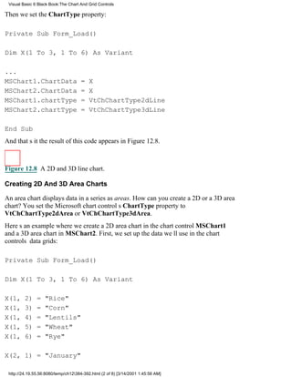 Visual Basic 6 Black Book:The Chart And Grid Controls

Then we set the ChartType property:

Private Sub Form_Load()

Dim X(1 To 3, 1 To 6) As Variant

...
MSChart1.ChartData                    =   X
MSChart2.ChartData                    =   X
MSChart1.chartType                    =   VtChChartType2dLine
MSChart2.chartType                    =   VtChChartType3dLine

End Sub
And thats itthe result of this code appears in Figure 12.8.



Figure 12.8 A 2D and 3D line chart.

Creating 2D And 3D Area Charts

An area chart displays data in a series as areas. How can you create a 2D or a 3D area
chart? You set the Microsoft chart controls ChartType property to
VtChChartType2dArea or VtChChartType3dArea.
Heres an example where we create a 2D area chart in the chart control MSChart1
and a 3D area chart in MSChart2. First, we set up the data well use in the chart
controls data grids:

Private Sub Form_Load()

Dim X(1 To 3, 1 To 6) As Variant

X(1,     2)    =   "Rice"
X(1,     3)    =   "Corn"
X(1,     4)    =   "Lentils"
X(1,     5)    =   "Wheat"
X(1,     6)    =   "Rye"

X(2, 1) = "January"

 http://24.19.55.56:8080/temp/ch12384-392.html (2 of 8) [3/14/2001 1:45:56 AM]
 