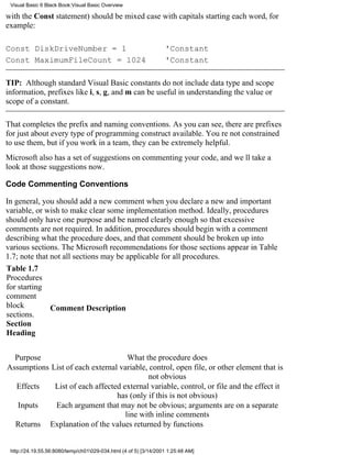 Visual Basic 6 Black Book:Visual Basic Overview

with the Const statement) should be mixed case with capitals starting each word, for
example:

Const DiskDriveNumber = 1                                         'Constant
Const MaximumFileCount = 1024                                     'Constant

TIP: Although standard Visual Basic constants do not include data type and scope
information, prefixes like i, s, g, and m can be useful in understanding the value or
scope of a constant.

That completes the prefix and naming conventions. As you can see, there are prefixes
for just about every type of programming construct available. Youre not constrained
to use them, but if you work in a team, they can be extremely helpful.
Microsoft also has a set of suggestions on commenting your code, and well take a
look at those suggestions now.

Code Commenting Conventions

In general, you should add a new comment when you declare a new and important
variable, or wish to make clear some implementation method. Ideally, procedures
should only have one purpose and be named clearly enough so that excessive
comments are not required. In addition, procedures should begin with a comment
describing what the procedure does, and that comment should be broken up into
various sections. The Microsoft recommendations for those sections appear in Table
1.7; note that not all sections may be applicable for all procedures.
Table 1.7
Procedures
for starting
comment
block          Comment Description
sections.
Section
Heading


  Purpose                            What the procedure does
Assumptions List of each external variable, control, open file, or other element that is
                                           not obvious
  Effects    List of each affected external variable, control, or file and the effect it
                                 has (only if this is not obvious)
   Inputs    Each argument that may not be obvious; arguments are on a separate
                                    line with inline comments
  Returns Explanation of the values returned by functions


 http://24.19.55.56:8080/temp/ch01029-034.html (4 of 5) [3/14/2001 1:25:48 AM]
 