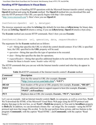 Visual Basic 6 Black Book:Visual Basic And The Internet: Web Browsing, Email, HTTP, FTP, And DHTML

Handling HTTP Operations In Visual Basic

There are two ways of handling HTTP operations with the Microsoft Internet transfer control: using the
OpenUrl method and using the Execute method. The OpenUrl method lets you download files and
uses the HTTP protocol if the URL you specify begins with http:// (for example,
“http://www.microsoft.com”). Here’s how you use OpenUrl:

InetControl.OpenUrl                       url [, datatype]
The datatype argument can either be icString (the default) for text data or icByteArray for binary data.
If you use icString, OpenUrl returns a string; if you use icByteArray, OpenUrl returns a byte array.
The Execute method can execute HTTP commands. Here’s how you use Execute:

InetControl.Execute                       url, operation, data, requestHeaders
The arguments for the Execute method are as follows:
      • url—String that specifies the URL to which the control should connect. If no URL is specified
      here, the URL specified in the URL property will be used.
      • operation—String that specifies the type of operation to be executed.
      • data—String that specifies the data for operations.
      • requestHeaders—String that specifies additional headers to be sent from the remote server. The
      format for these is header name: header value vbCrLf.
The HTTP commands that you can use with the Internet transfer control and what they do appear in
Table 21.4.
        Table 21.4 HTTP commands of the Internet transfer control’s Execute method.
Command          Description
GET              Gets the file named in URL (for example, Execute
                 “http://www.server.com/index.htm”, “GET”)
HEAD                         Gets headers of file given in URL property (for example, Execute , “HEAD”)
POST                         Provides additional data to support request to host (for example, Execute ,
                             “POST”, strFormData)
PUT                          Replaces data at URL (for example, Execute , “PUT”, “new.htm”)

Let’s see an example. Add an Internet transfer control, Inet1, to a program, as well as a text box, Text1.
We’ll download the HTML of the Microsoft Visual Basic Web page using the HTTP protocol and
display that page in the text box, so set Text1’s MultiLine property to True and its Scrollbars property
to Both (3). In addition, we can download a binary file—an image file, for example—using the HTTP
protocol and store that image file on disk. To let the user perform these actions, add two buttons to the
program: Command1, with the caption “Read HTML”, and Command2, with the caption “Read
binary”.



 http://24.19.55.56:8080/temp/ch21734-738.html (1 of 3) [3/14/2001 2:00:58 AM]
 