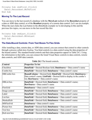 Visual Basic 6 Black Book:Databases: Using DAO, RDO, And ADO



Private Sub cmdFirst_Click()
  Data1.Recordset.MoveFirst
End Sub

Moving To The Last Record

You can move to the last record of a database with the MoveLast method of the Recordset property of
a data or ADO data control, or of the Resultset property of a remote data control. Let’s see an example.
When the user clicks the Last button in the dbmethods example we’re developing in this and the
previous few topics, we can move to the last record like this:

Private Sub cmdLast_Click()
  Data1.Recordset.MoveLast
End Sub

The Data-Bound Controls: From Text Boxes To Flex Grids

After installing a data, remote data, or ADO data control, you can connect that control to other controls
through a process called data binding. You bind controls to a data control using the data properties of
the bound control. The standard bound controls and their data properties appear in Table 24.1. Using
the information in that table, you can connect the listed Visual Basic controls to data controls, remote
data controls, and ADO data controls.
                                             Table 24.1 The bound controls.
Control                             Properties To Set
Checkbox                            DataField = Desired Boolean field; DataSource = Data control’s name
Combo box                           DataField = Desired field; DataSource = Data control’s name
DBCombo box                         BoundColumn = Desired field; DataField = Desired field; DataSource =
                                    Data control’s name; ListField = Desired field to display in the combo’s
                                    list; RowSource = Data control’s name
DBList box                          DataField = Desired field; DataSource = Data control’s name;
                                    RowSource = Data control’s name
FlexGrid                            DataSource = Data control’s name
Image control                       DataField = Desired field; DataSource = Data control’s name
Label                               DataField = Desired field; DataSource = Data control’s name
List box                            DataField = Desired field; DataSource = Data control’s name
MaskedEdit                          DataField = Desired field; DataSource = Data control’s name
MSFlexFrid                          DataSource = Data control’s name
Picture box                         DataField = Desired field; DataSource = Data control’s name
Text box                            DataField = Desired field; DataSource = Data control’s name
Rich text box                       DataField = Desired field; DataSource = Data control’s name

 http://24.19.55.56:8080/temp/ch24845-847.html (2 of 3) [3/14/2001 2:05:12 AM]
 