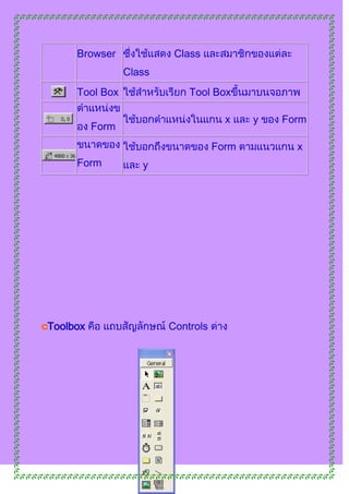 Browser              Class
                 Class
     Tool Box                Tool Box

                                      x    y   Form
          Form
                                    Form         x
     Form           y




Toolbox                  Controls
 