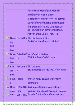 Visual Basic
                                                  control
                                        table
                        Data               Database Jet


                    ActiveX Data Object (ADO)
Direct DirListBox       List box
ory
List
box
Drive DriveListB              Combo box
List   ox
box
File   FileListBo       List box
list   x
box
Fram Frame                         container
e                   control
Horiz HScrollBa                          stand-alone
ontal r                                            control
       VScrollBa
 
