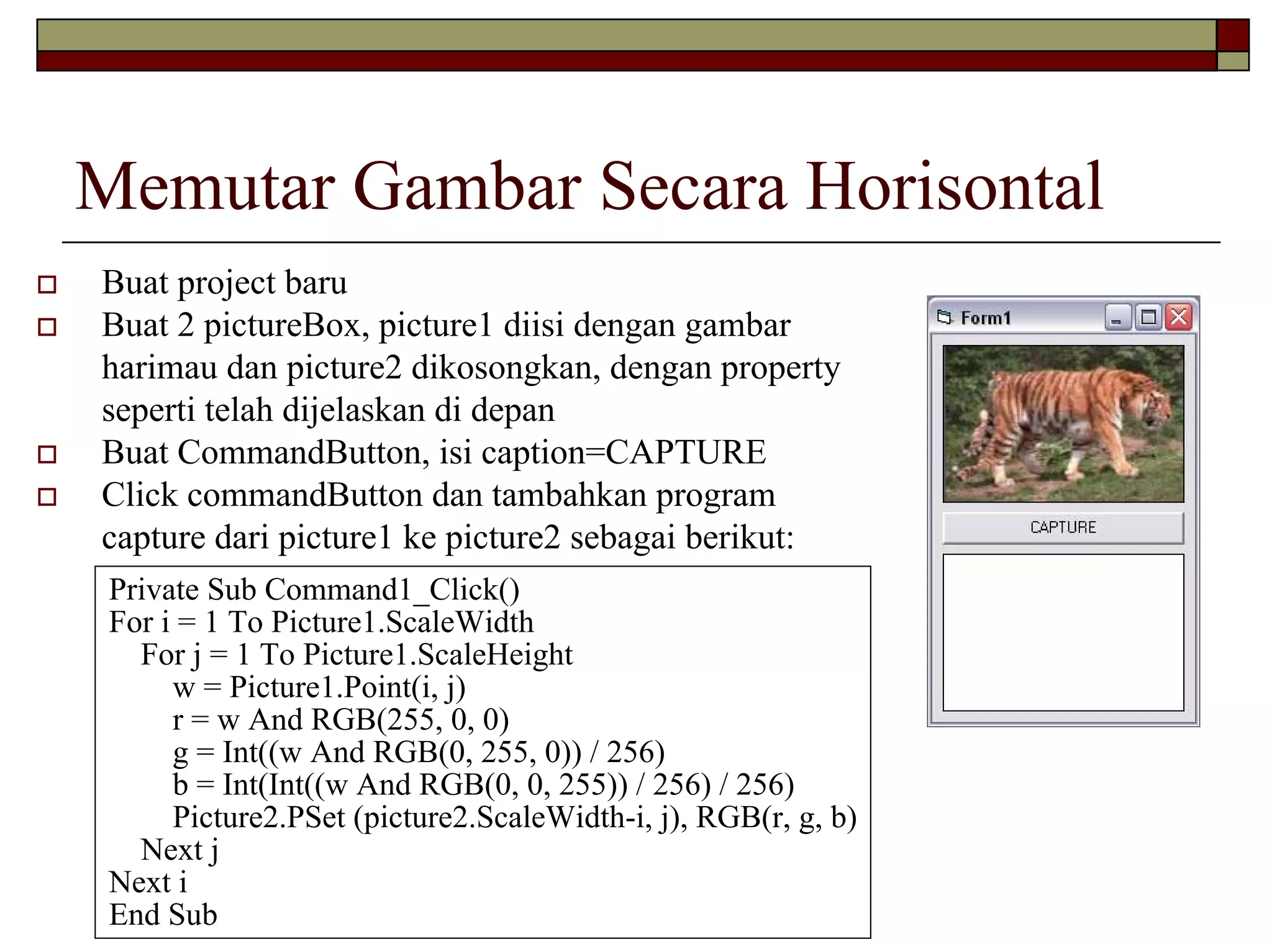 Memutar Gambar Secara Horisontal
Buat project baru
Buat 2 pictureBox, picture1 diisi dengan gambar
harimau dan picture2 dikosongkan, dengan property
seperti telah dijelaskan di depan
Buat CommandButton, isi caption=CAPTURE
Click commandButton dan tambahkan program
capture dari picture1 ke picture2 sebagai berikut:
Private Sub Command1_Click()
For i = 1 To Picture1.ScaleWidth
For j = 1 To Picture1.ScaleHeight
w = Picture1.Point(i, j)
r = w And RGB(255, 0, 0)
g = Int((w And RGB(0, 255, 0)) / 256)
b = Int(Int((w And RGB(0, 0, 255)) / 256) / 256)
Picture2.PSet (picture2.ScaleWidth-i, j), RGB(r, g, b)
Next j
Next i
End Sub
 
