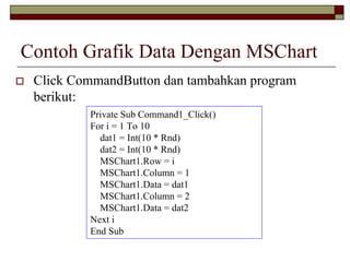 Contoh Grafik Data Dengan MSChart
Click CommandButton dan tambahkan program
berikut:
Private Sub Command1_Click()
For i = 1 To 10
dat1 = Int(10 * Rnd)
dat2 = Int(10 * Rnd)
MSChart1.Row = i
MSChart1.Column = 1
MSChart1.Data = dat1
MSChart1.Column = 2
MSChart1.Data = dat2
Next i
End Sub
 