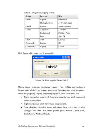 Tabel 2.1. Pengaturan property contoh 2
Object Property Nilai
Form1 Caption
StartUpPosition
Perkenalan
2 – CenterScreen
Label1 Capton Masukkan nama :
Label2 Alignment
Background
Font
- 3 Center
Pallete – Putih
Size: 24
Text1 Text Kosong
Command1 Caption OK
Command2 Caption Keluar
Hasil form setelah propertynya di atur adalah:
Gambar 2.4. Hasil tampilan form contoh 2
Masing-masing komponen mempunyai property yang berbeda dan jumlahnya
banyak, tetapi ada beberapa property yang sering digunakan pada setiap komponen,
antara lain [Caption]. Property yang sering digunakan untuk Form antara lain:
• Name: menyatakan nama obyek form yang sangat berguna untuk memanggil
dan menyimpan form.
• Caption: digunakan untuk memberikan title pada form.
• StartUpPosition: digunakan untuk meletakkan form ketika form tersebut
dipanggil atau aktif. Ada empat pilihan yaitu: Manual, CenterOwner,
CenterScreen, Windows Default,
Modul Dasar Pemrograman 2 Dengan Visual Basic 11
 