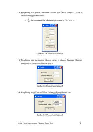 (2) Menghitung nilai puncak persamaan kuadrat y=ax2
+bx+c dengan a, b dan c
diketahui menggunakan rumus:
a
b
x
2
−= dan masukkan nilai x kedalam persamaan cbxaxy ++= 2
Gambar 3.7. Contoh hasil latihan 2
(3) Menghitung sisa pembagian bilangan dibagi 4 dengan bilangan diketahui
menggunakan rumus sisa=bilangan mod 4.
Gambar 3.8. Contoh hasil latihan 3
(4) Menghitung tanggal setelah 30 hari dari tanggal yang dimasukkan.
Gambar 3.9. Contoh hasil latihan 4
Modul Dasar Pemrograman 2 Dengan Visual Basic 31
 
