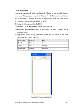 Contoh Aplikasi 5.3:
Membuat program untuk untuk menghitung N bilangan prima, definisi bilangan
prima adalah bilangan yang hanya habis dibagi oleh 1 dan bilangan itu sendiri atau
bisa dikatakan bahwa bilangan prima adalah bilangan yang tidak tidak habis dibagi
oleh bilangan 2 sampai sebelum bilangan itu sendiri.
(1) Buat project baru dengan StandardEXE
(2) Pada form1, isi property [Name] dengan formLatihan53.
(3) Tambahkan komponen-komponen: 1 buah label, 1 textbox, 1 listbox dan 1
command button.
(4) Isi porperty masing-masing komponen seperti tabel di bawah ini dan atur
posisinya seperti gambar 5.3 berikut
Komponen Property Nilai
Label1 Caption N =
Text1 Text (kosong)
Command1 Caption Bil Prima
Gambar 5.3. Tampilan latihan 5.3
Modul Dasar Pemrograman 2 Dengan Visual Basic 56
 