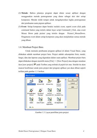 (2) Metode: Bahwa jalannya program dapat diatur sesuai aplikasi dengan
menggunakan metode pemrograman yang diatur sebagai aksi dari setiap
komponen. Metode inilah tempat untuk mengekpresikan logika pemrograman
dari pembuatan suatu prgram aplikasi.
(3) Event: Setiap komponen dapat beraksi melalui event, seperti event click pada
command button yang tertulis dalam layar script Command1_Click, atau event
Mouse Down pada picture yang tertulis dengan Picture1_MouseDown.
Pengaturan event dalam setiap komponen yang akan menjalankan semua metode
yang dibuat.
1.4. Membuat Project Baru
Untuk memulai pembuatan program aplikasi di dalam Visual Basic, yang
dilakukan adalah membuat project baru. Project adalah sekumpulan form, modul,
fungsi, data dan laporan yang digunakan dalam suatu aplikasi. Membuat projrct baru
dapat dilakukan dengan memilih menu [File] >> [New Project] atau dengan menekan
ikon [new project] pada Toolbar yang terletak di pojok kiri atas. Setelah itu akan
muncul konfirmasi untuk jenis project dari program aplikasi yan akan dibuat seperti
terlihat pada gambar 1.3. berikut.
Gambar 1.3. Layar pemilihan jenis project
Modul Dasar Pemrograman 2 Dengan Visual Basic 4
 