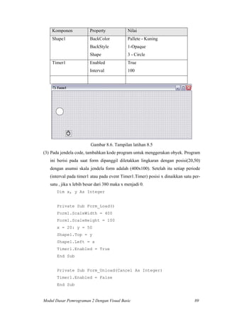 Komponen Property Nilai
Shape1 BackColor
BackStyle
Shape
Pallete - Kuning
1-Opaque
3 - Circle
Timer1 Enabled
Interval
True
100
Gambar 8.6. Tampilan latihan 8.5
(3) Pada jendela code, tambahkan kode program untuk menggerakan obyek. Program
ini berisi pada saat form dipanggil diletakkan lingkaran dengan posisi(20,50)
dengan asumsi skala jendela form adalah (400x100). Setelah itu setiap periode
(interval pada timer1 atau pada event Timer1.Timer) posisi x dinaikkan satu per-
satu , jika x lebih besar dari 380 maka x menjadi 0.
Dim x, y As Integer
Private Sub Form_Load()
Form1.ScaleWidth = 400
Form1.ScaleHeight = 100
x = 20: y = 50
Shape1.Top = y
Shape1.Left = x
Timer1.Enabled = True
End Sub
Private Sub Form_Unload(Cancel As Integer)
Timer1.Enabled = False
End Sub
Modul Dasar Pemrograman 2 Dengan Visual Basic 89
 
