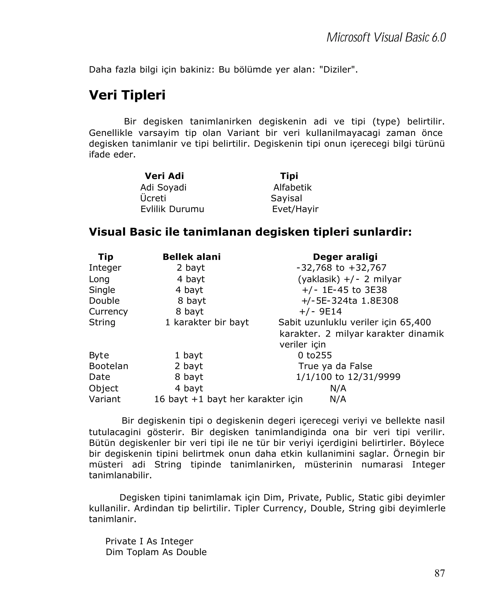 Microsoft Visual Basic 6.0
Daha fazla bilgi için bakiniz: Bu bölümde yer alan: "Diziler".

Veri Tipleri
Bir degisken tanimlanirken degiskenin adi ve tipi (type) belirtilir.
Genellikle varsayim tip olan Variant bir veri kullanilmayacagi zaman önce
degisken tanimlanir ve tipi belirtilir. Degiskenin tipi onun içerecegi bilgi türünü
ifade eder.
Veri Adi
Adi Soyadi
Ücreti
Evlilik Durumu

Tipi
Alfabetik
Sayisal
Evet/Hayir

Visual Basic ile tanimlanan degisken tipleri sunlardir:
Tip
Integer
Long
Single
Double
Currency
String

Byte
Bootelan
Date
Object
Variant

Bellek alani
2 bayt
4 bayt
4 bayt
8 bayt
8 bayt
1 karakter bir bayt

1 bayt
2 bayt
8 bayt
4 bayt
16 bayt +1

Deger araligi
-32,768 to +32,767
(yaklasik) +/ - 2 milyar
+/ - 1E-45 to 3E38
+/-5E-324ta 1.8E308
+/ - 9E14
Sabit uzunluklu veriler için 65,400
karakter. 2 milyar karakter dinamik
veriler için
0 to255
True ya da False
1/1/100 to 12/31/9999
N/A
bayt her karakter için
N/A

Bir degiskenin tipi o degiskenin degeri içerecegi veriyi ve bellekte nasil
tutulacagini gösterir. Bir degisken tanimlandiginda ona bir veri tipi verilir.
Bütün degiskenler bir veri tipi ile ne tür bir veriyi içerdigini belirtirler. Böylece
bir degiskenin tipini belirtmek onun daha etkin kullanimini saglar. Örnegin bir
müsteri adi String tipinde tanimlanirken, müsterinin numarasi Integer
tanimlanabilir.
Degisken tipini tanimlamak için Dim, Private, Public, Static gibi deyimler
kullanilir. Ardindan tip belirtilir. Tipler Currency, Double, String gibi deyimlerle
tanimlanir.
Private I As Integer
Dim Toplam As Double

87

 